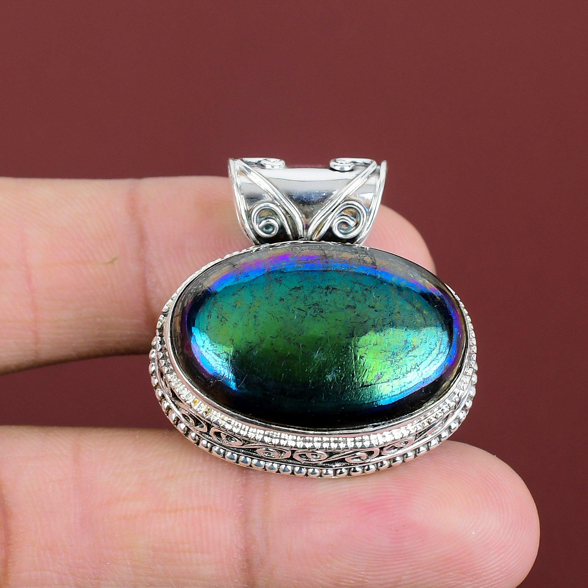 Mystisk eld Labradorit Hänge Naturlig Ädelstenssmycken 925 Sterling Silver Hänge Handgjort Hänge Antikt Vintage Smycken Gåvor Till Hustru