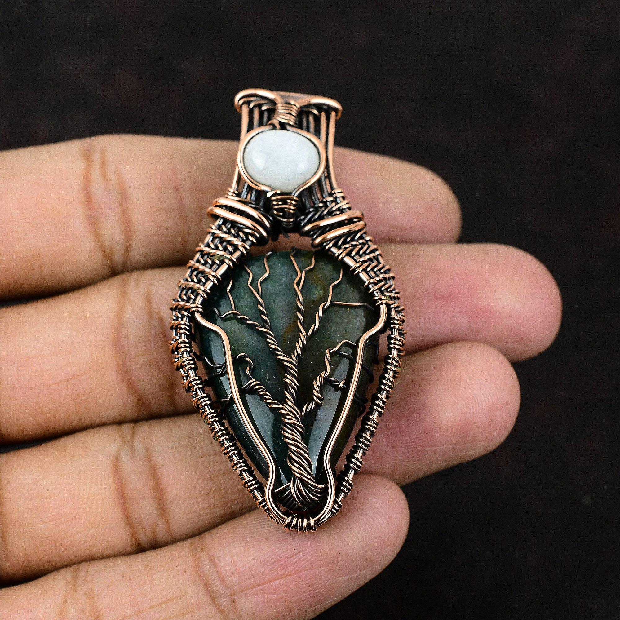 Tree Of Life Bloodstone Gemstone Pendant Copper Wire Wrapped Jewelry Handmade Pendant Rainbow Moonstone Pendant Gift For Her Antique Jewelry