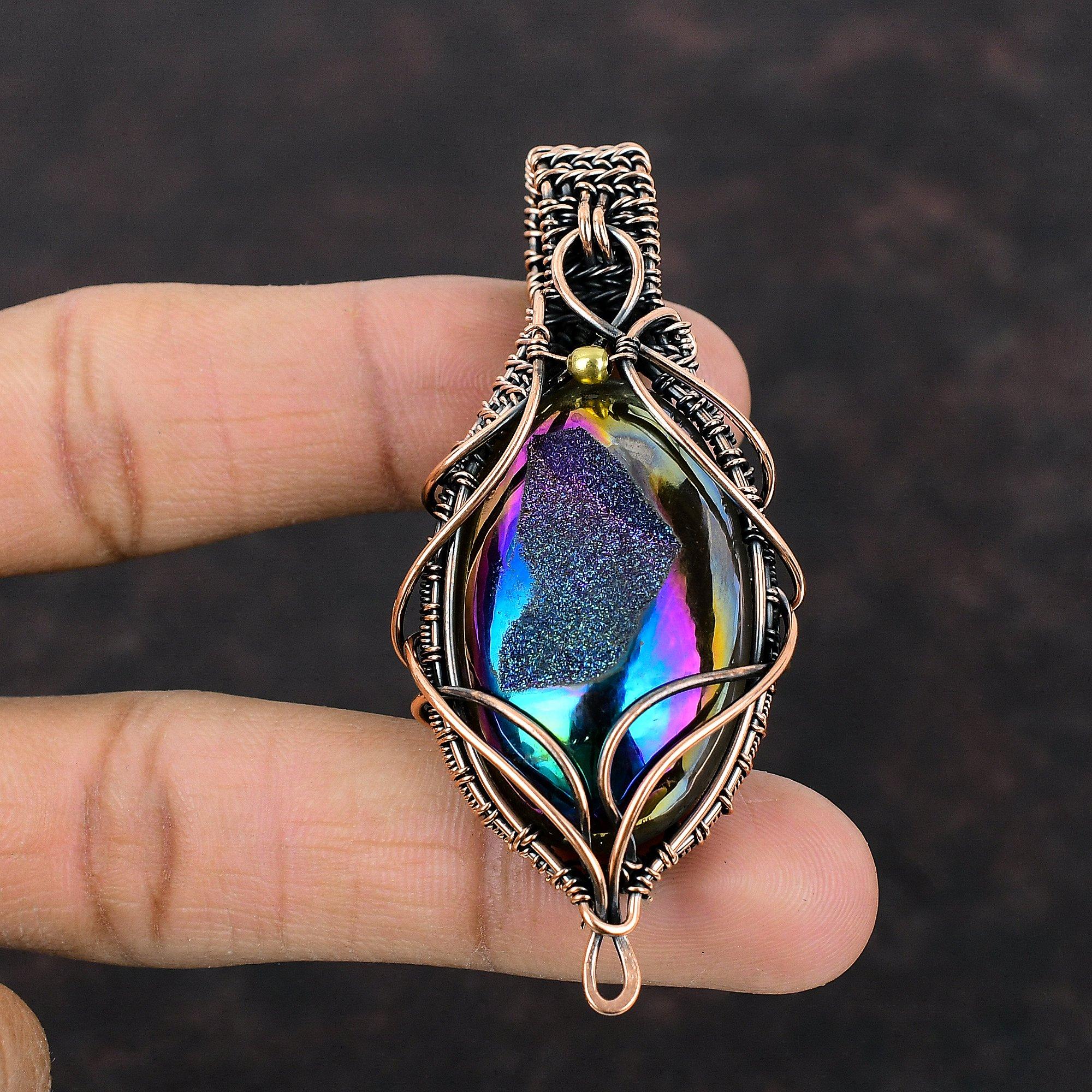 Titanium Druzy Pendant Copper Wire Wrapped Pendant Handmade Jewelry Gemstone Pendant Copper Wire Wrap Jewelry Designer Pendant Gift For Mom