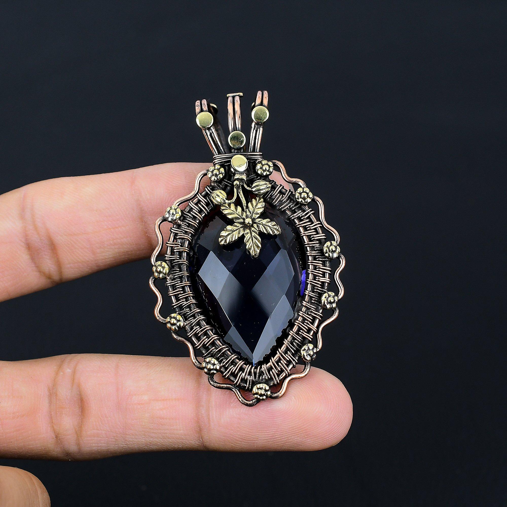 Black Onyx Gemstone Handmade Jewelry Pure Copper Wire Wrapped Pendant