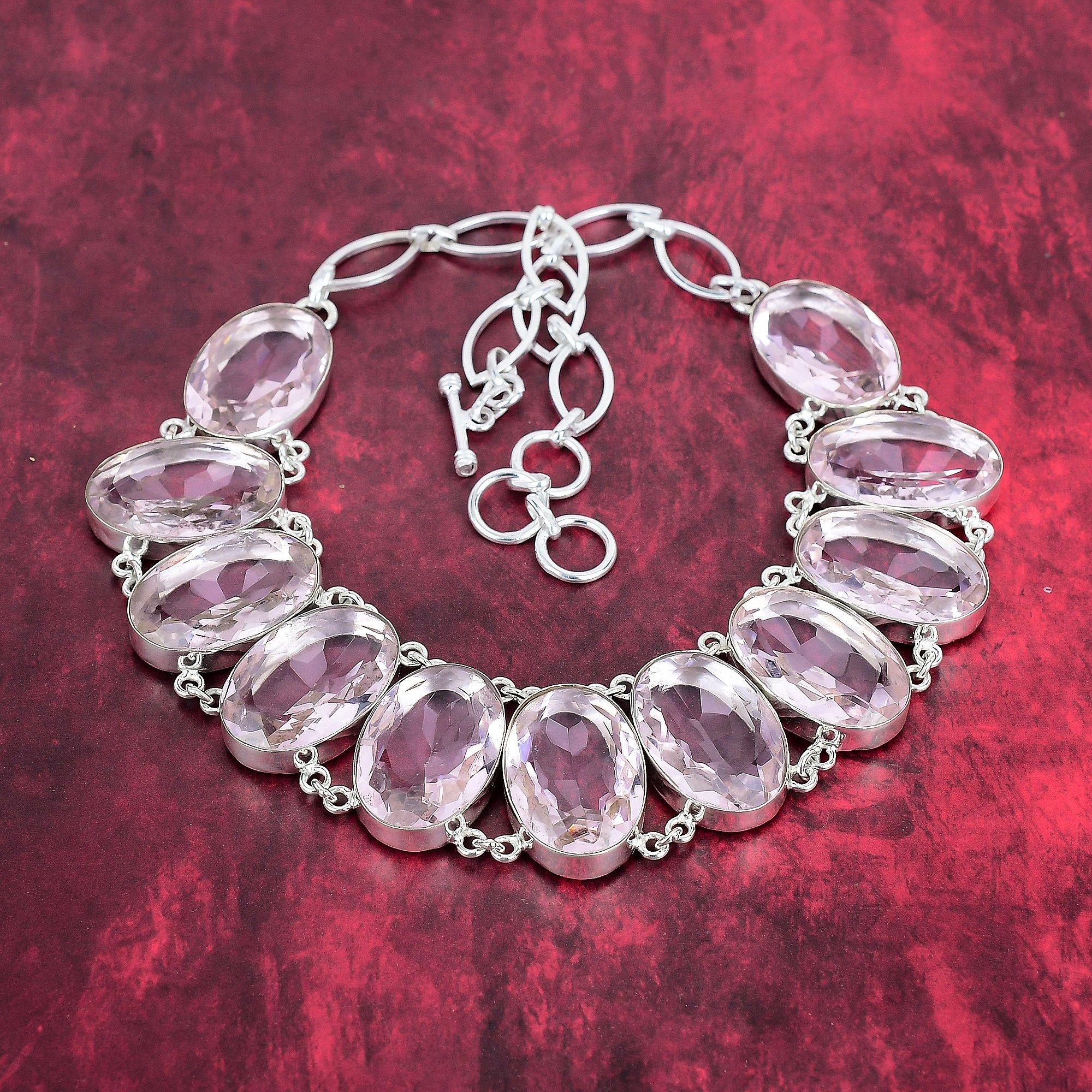 Colar de Kunzita Rosa, Prata de Lei 925 Maciça Feito à Mão Colar de Corrente Ajustável Joias de Pedras Preciosas, Presentes Para Esposa Colar Novo