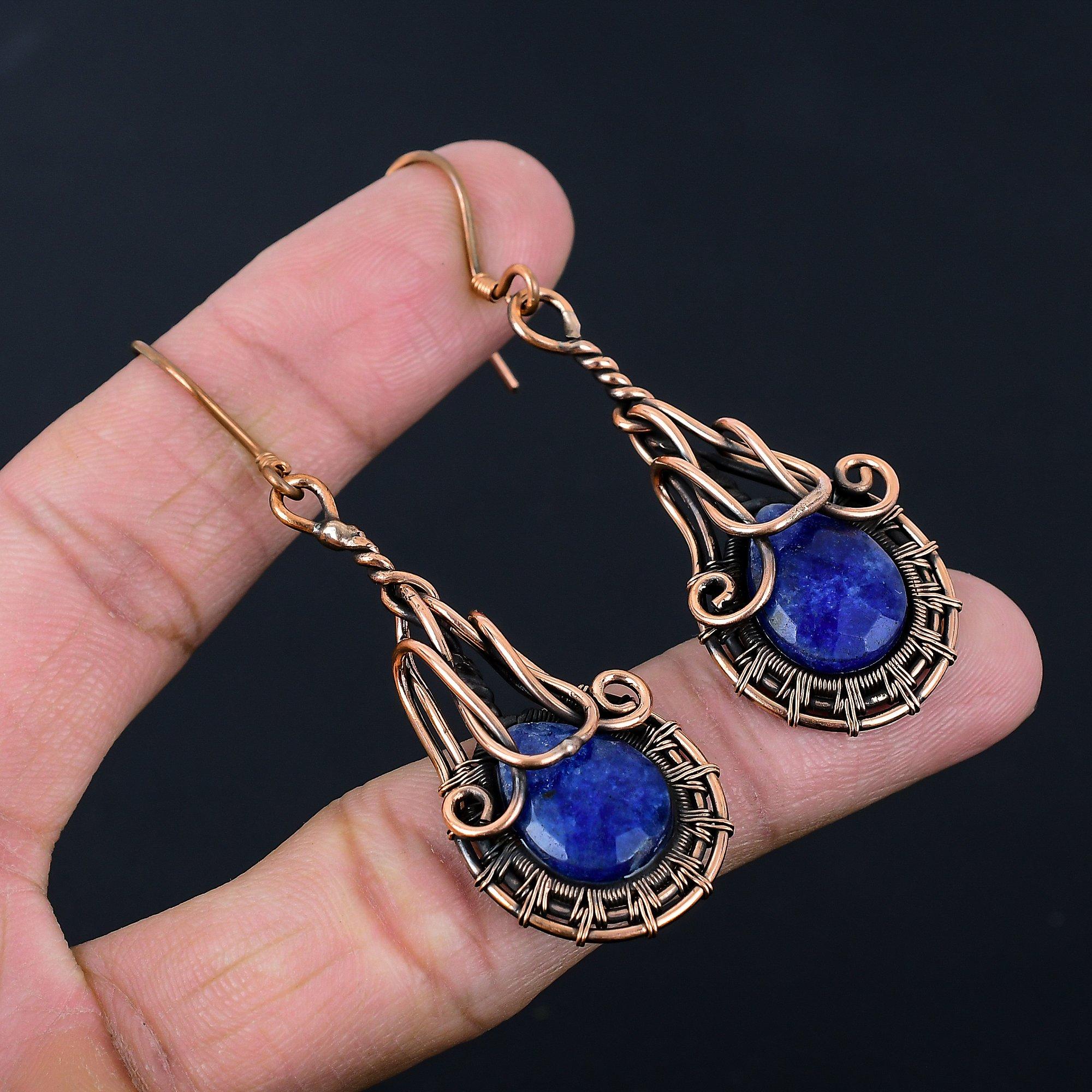 Blue Sapphire Lab-Created Gemstone Handmade Pure Copper Wire Wrap Jewelry Pendant