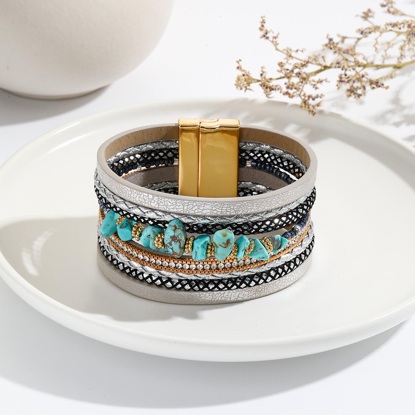 Stone Leather Bracelet for Women Retro Multilayer Crystal Snake Skin Wide Bangles Jewelry Gifts
