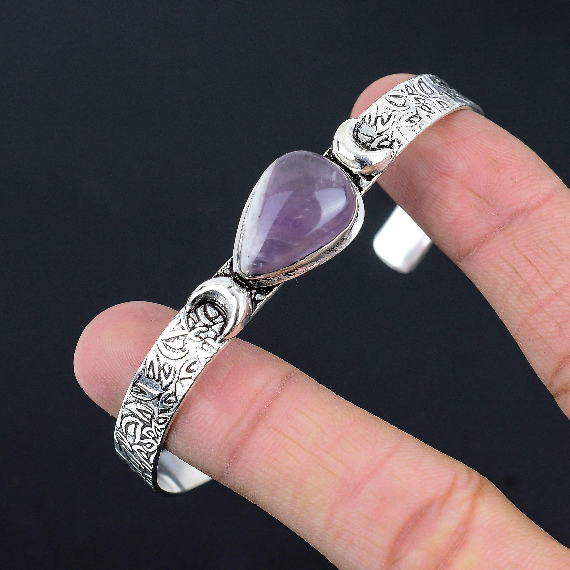 Natural Chevron Amethyst 925 Silver Sister Wedding Crescent Moon Bangle Bracelet