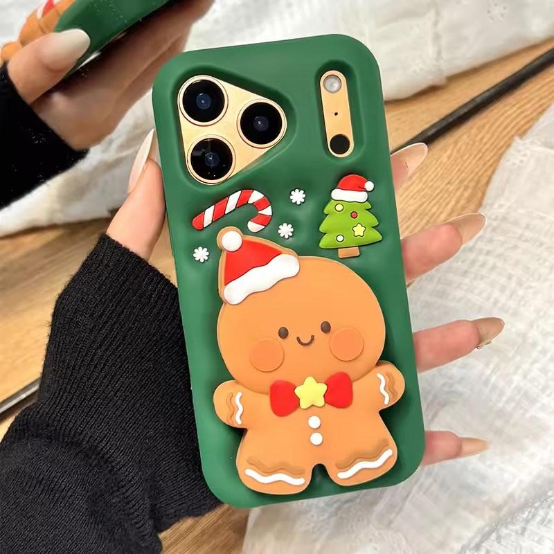 Cute Healing 3D Christmas Gingerbread Man Stand Phone Case For iPhone 17 AIR 16 15 14 13 12 Pro Max  Y2K Cartoon Green Cover