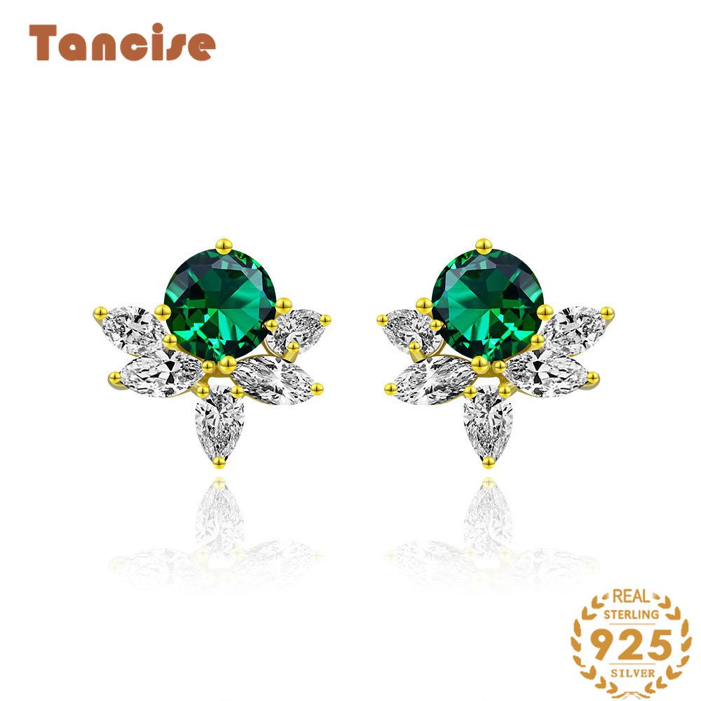 Tancise 7*7Jewelry 925 Earrings Inlaid with Round 7.0 Synthetic Emerald High Carbon Diamond Tremella Needle Simple Earrings.