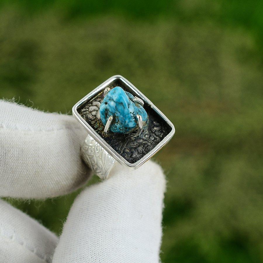 Natural Arizona Turquoise Rough 925 Silver Statement Adjustable Ring For Women