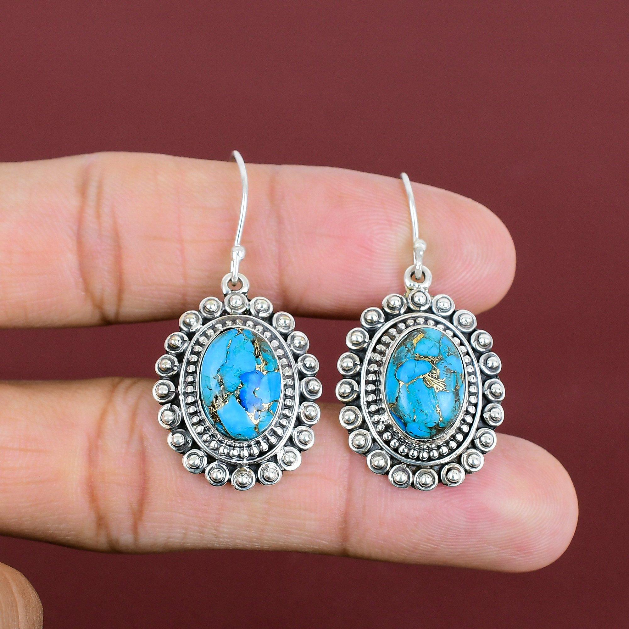 Copper Blue Turquoise Earring Vintage Gemstone Earrings 925 Sterling Silver Earring Antique Jewelry Handmade Dangle Earring Engagement Gifts