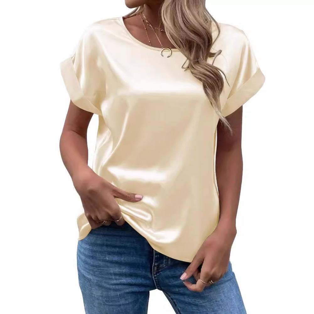 Summer OL Elegant Satin Pullover Round Neck Straight Loose Women T-shirt