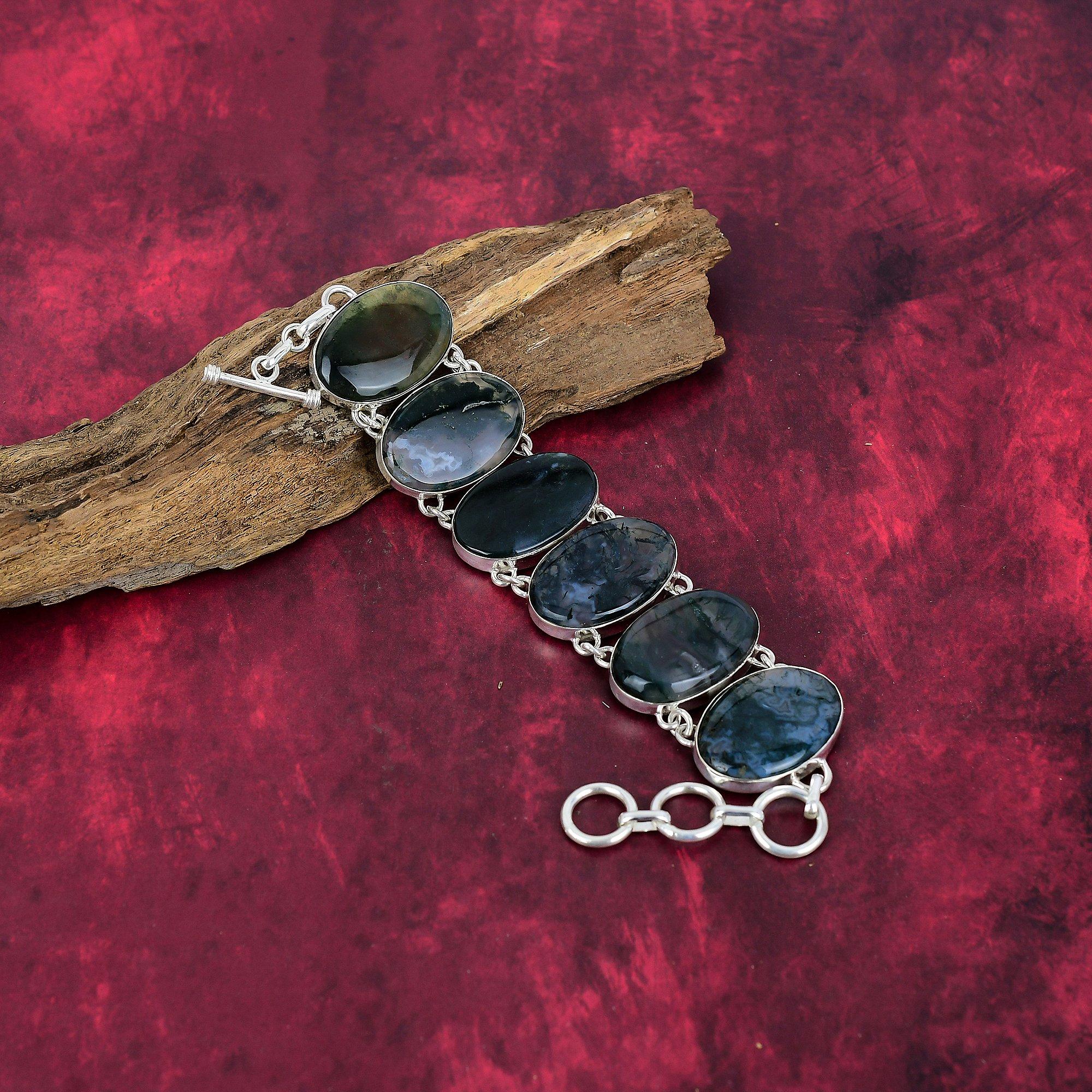 Moss Agate Bracelet, Gemstone Jewelry 925 Solid Sterling Silver Bracelet, Gift For Women Handmade Bracelet