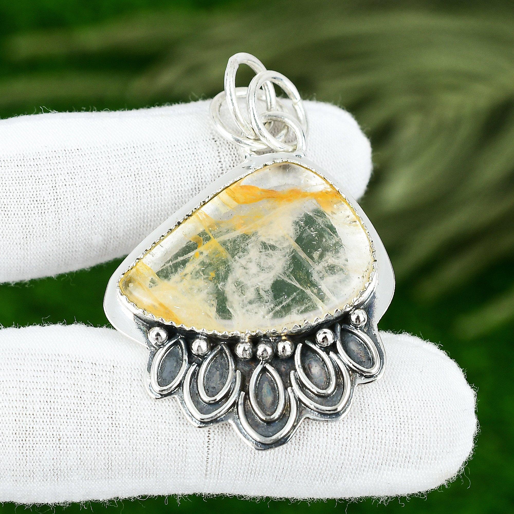 Trillion Plume Agate Gemstone 925 Silver Bezel Daughter Handmade Pendant Jewelry