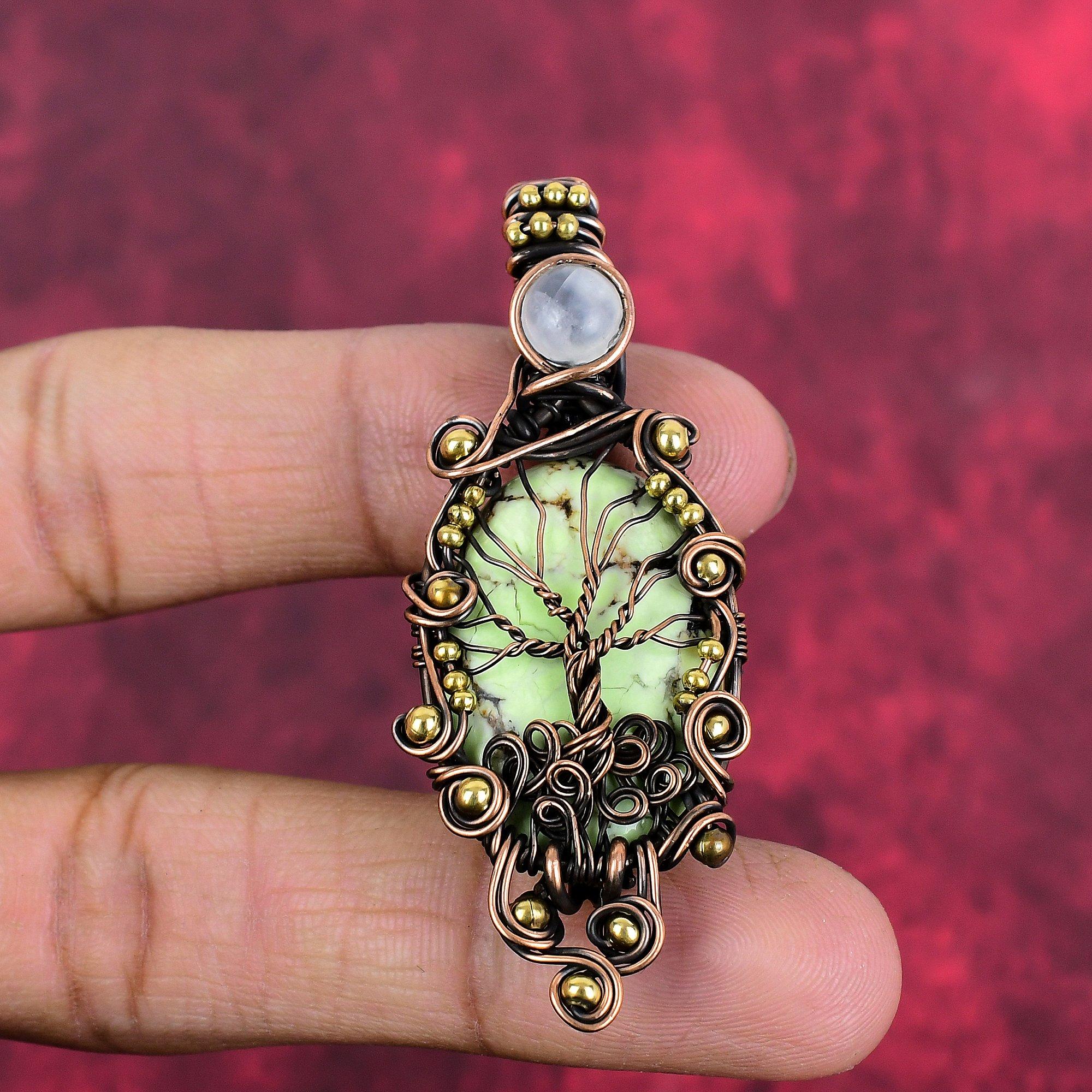 Tree of Life Lemon Chrysoprase Pendant Copper Wire Wrapped Pendant Handmade Rainbow Moonstone Pendant Gifts for Wife Gemstone Copper Jewelry
