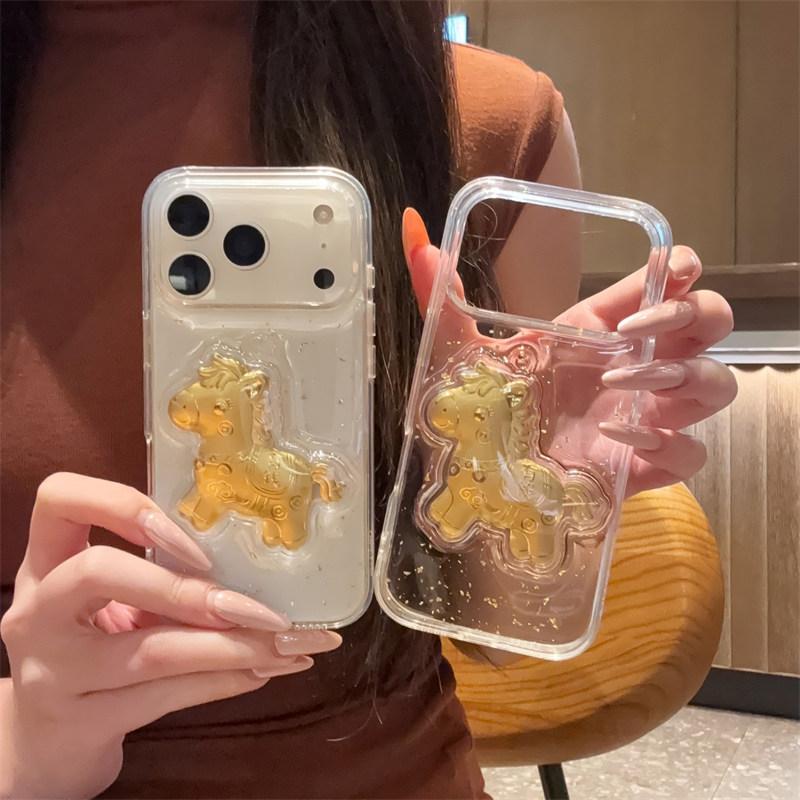 Clear Bling Bling Glitter Gold Horse Phone Case for iPhone 17 Air 16 15 14 13 12 11 Pro Max Plus Shockproof Protector Cover