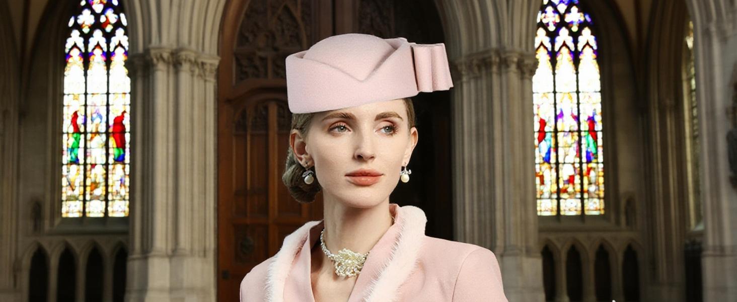 Vintage Wool Pillbox Hat with Bow, Light Pink, Formal Church Wedding Fascinator, Women's Special Occasion Headwear