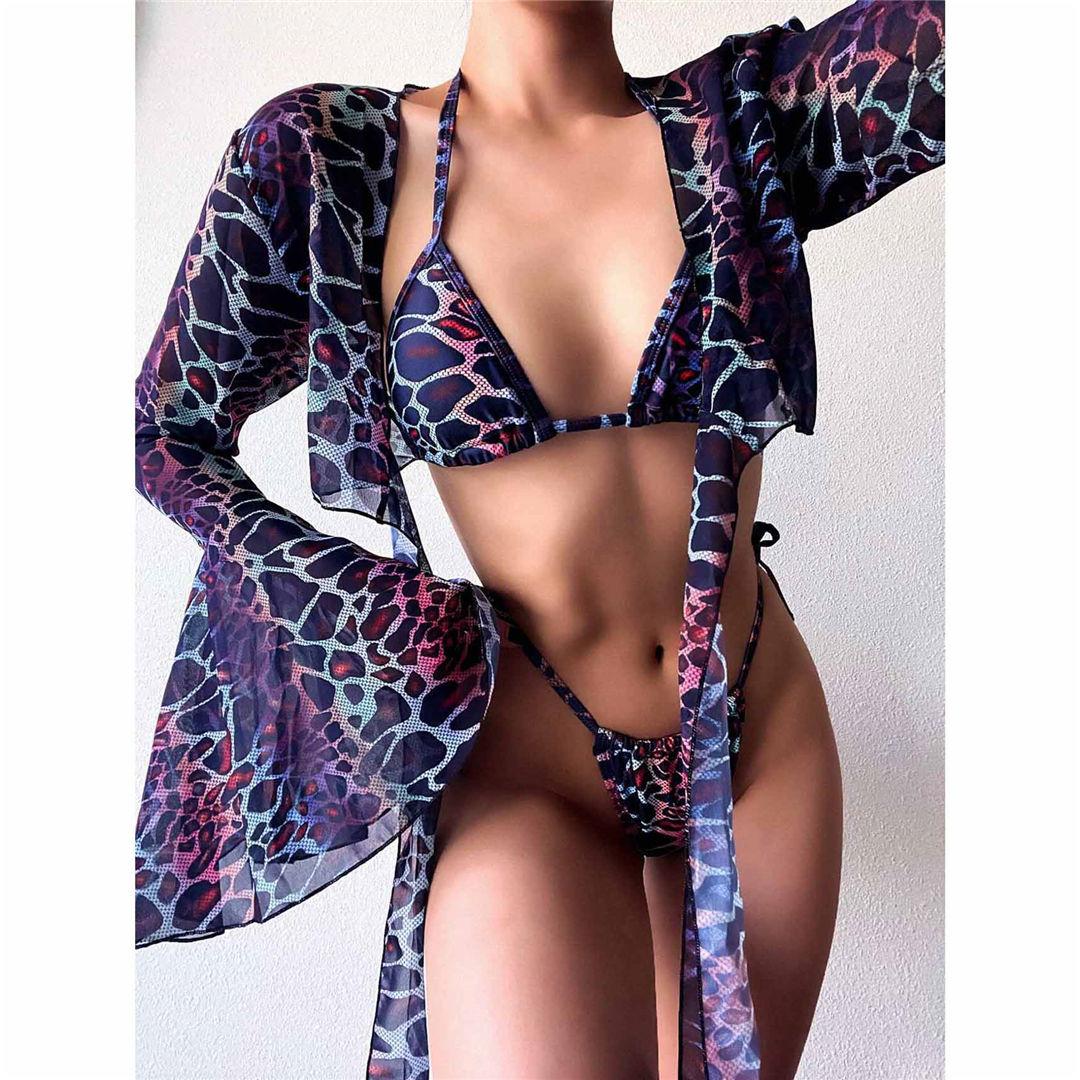 Halter Printed Bikini Women Swimwear Female Swimsuit Three-pieces Bikini Set With Cover Up Bather Bathing Suit