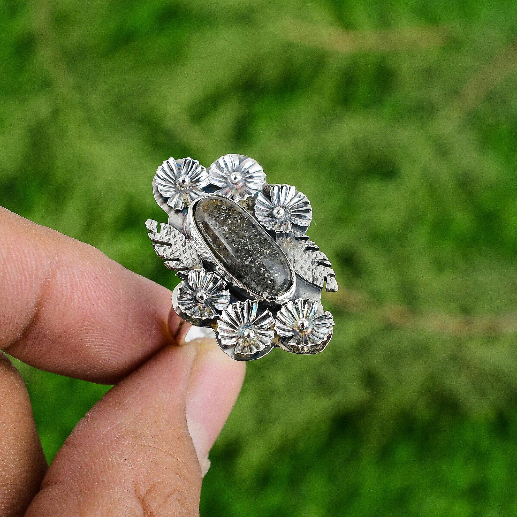 Natural Black Sunstone 925 Silver Solitaire Flower Adjustable Ring For Women
