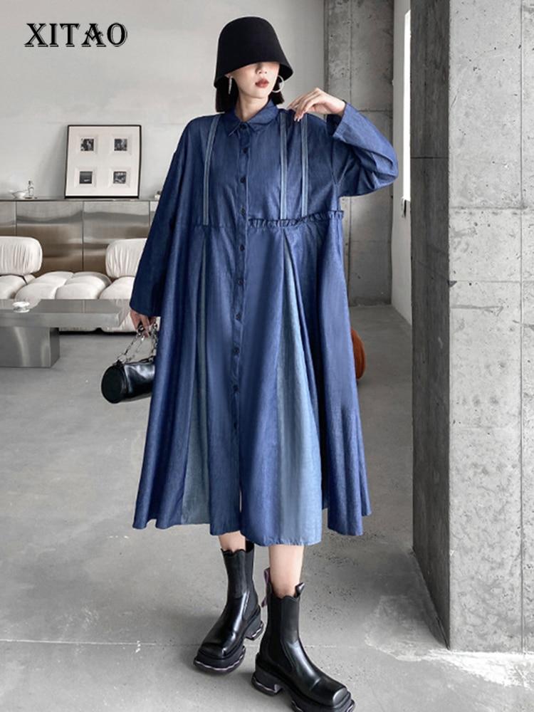 Xitao Patchwork Einreiher Kleid Frauen Persönlichkeit Mode Lose Polo-ausschnitt Volle Hülse Kleid Korea Neue ZY8149