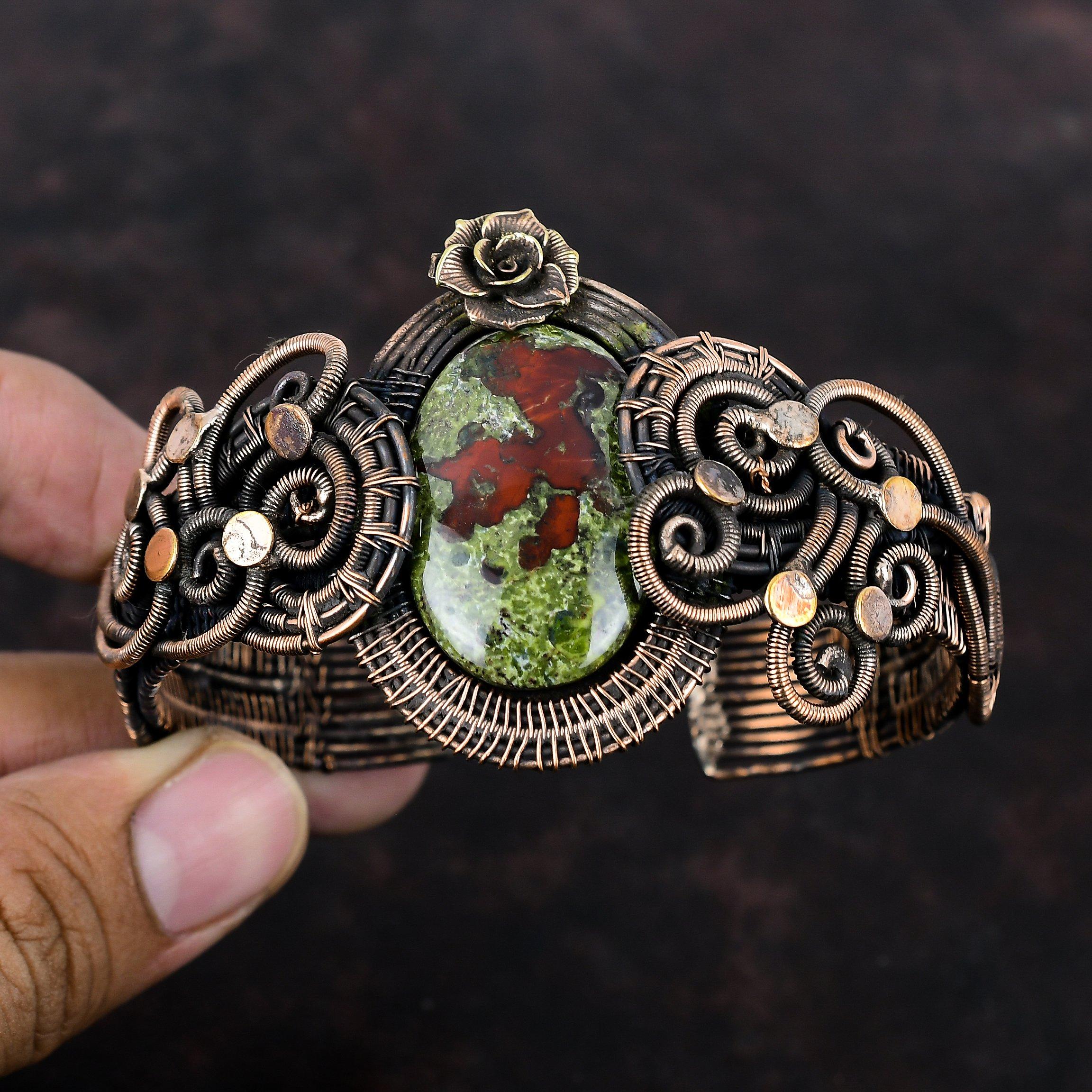 Dragon Bloodstone Bangle Copper Wire Wrapped Bangle Gemstone Cuff Bracelet Adjustable Bangle Copper Jewelry For Gift Handmade Flower Bangle