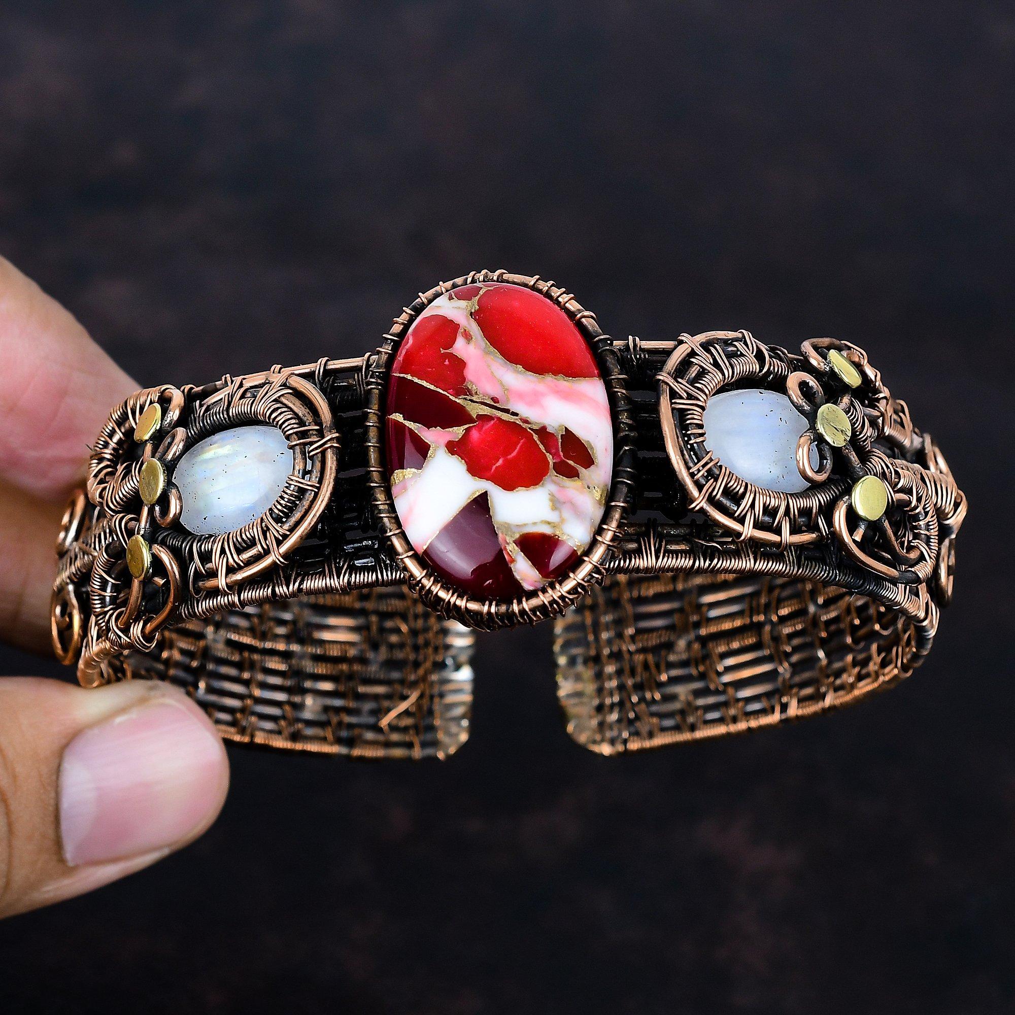 Kingman red mohave copper turquoise cuff bracelet copper wire wrapped adjustable bangle rainbow moonstone gemstone bangle handmade jewelry
