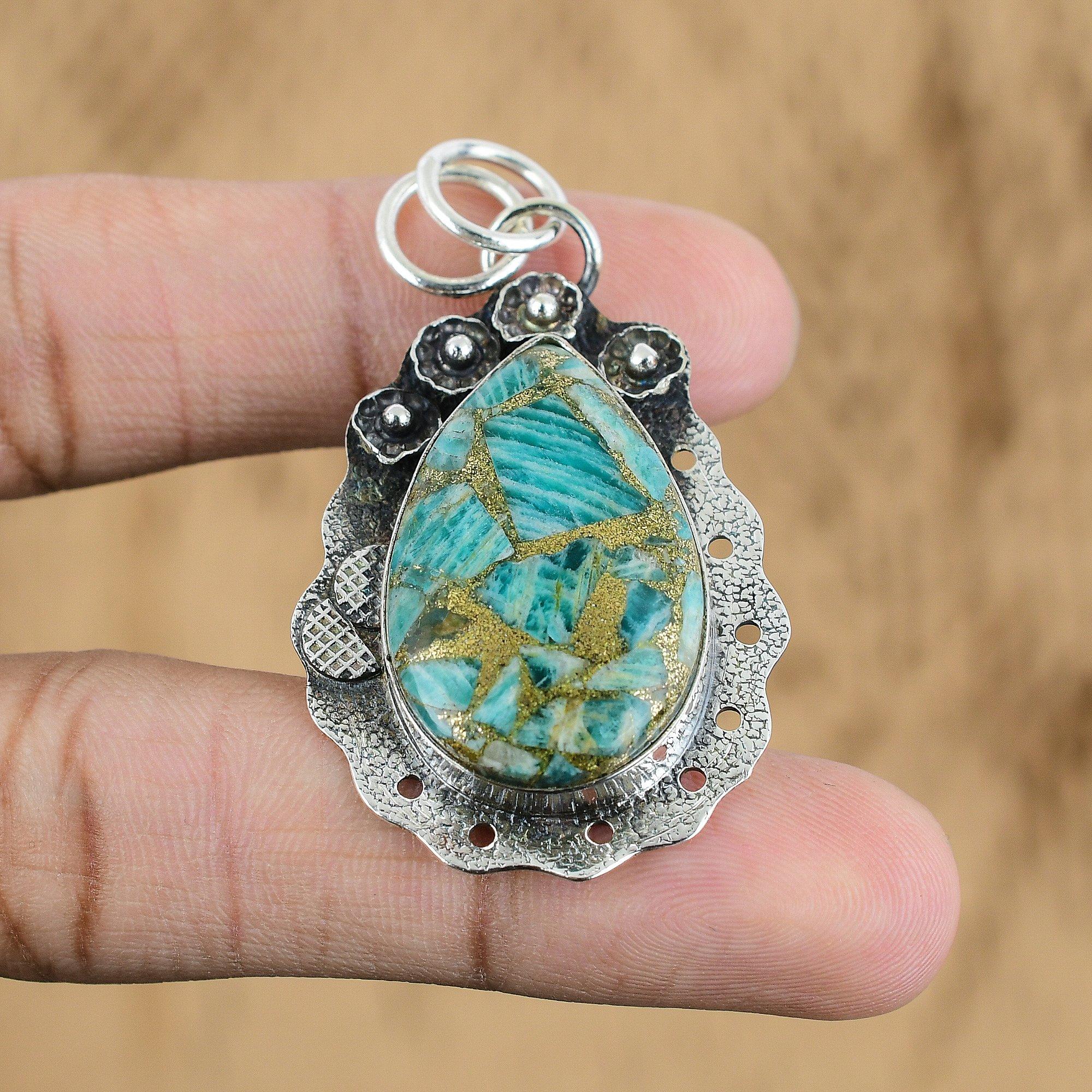 Womens day Deal Natural Copper Amazonite Daughter Pendant 925 Sterling Silver