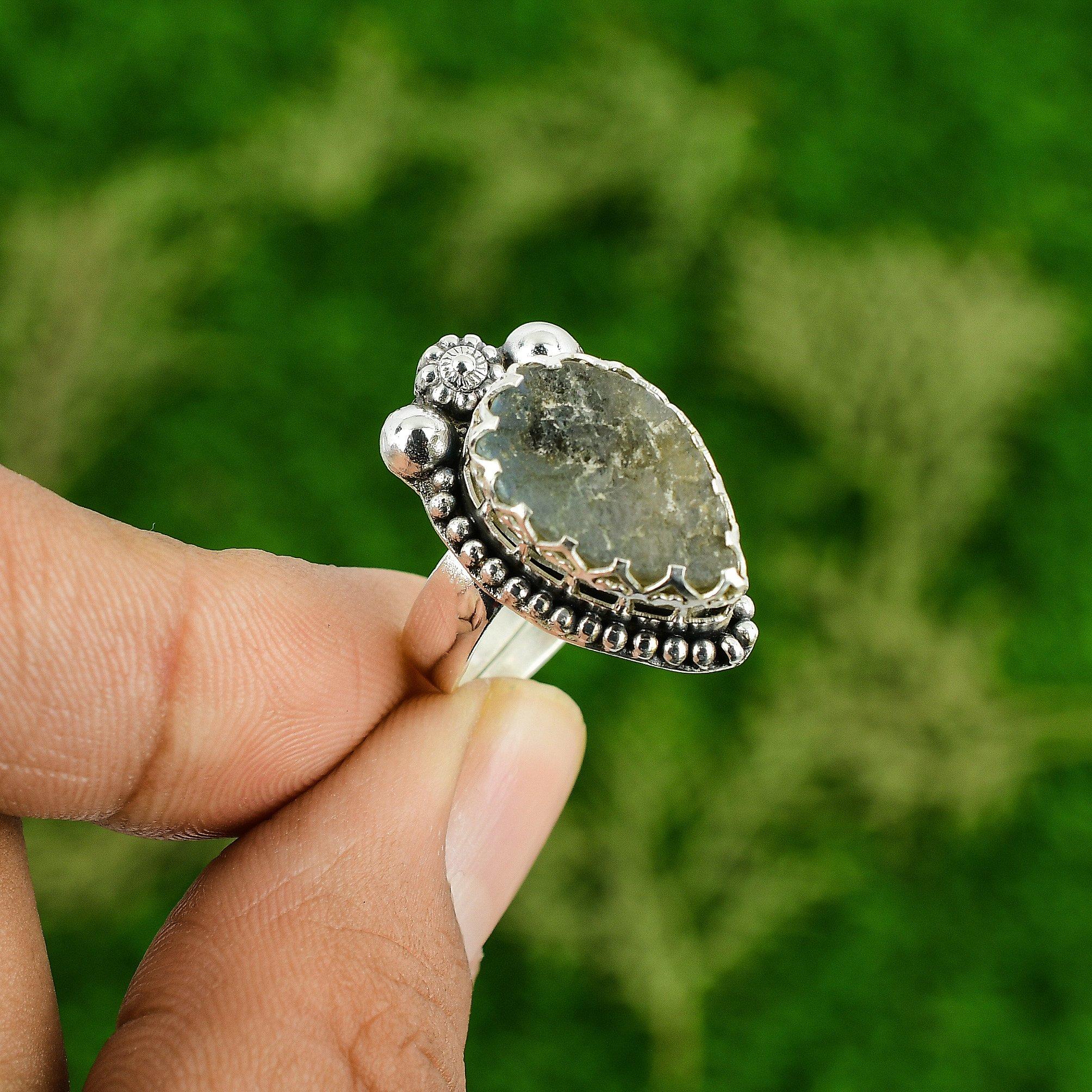 Gift For Her 925 Silver Natural Labradorite Rough Stackable Adjustable Ring