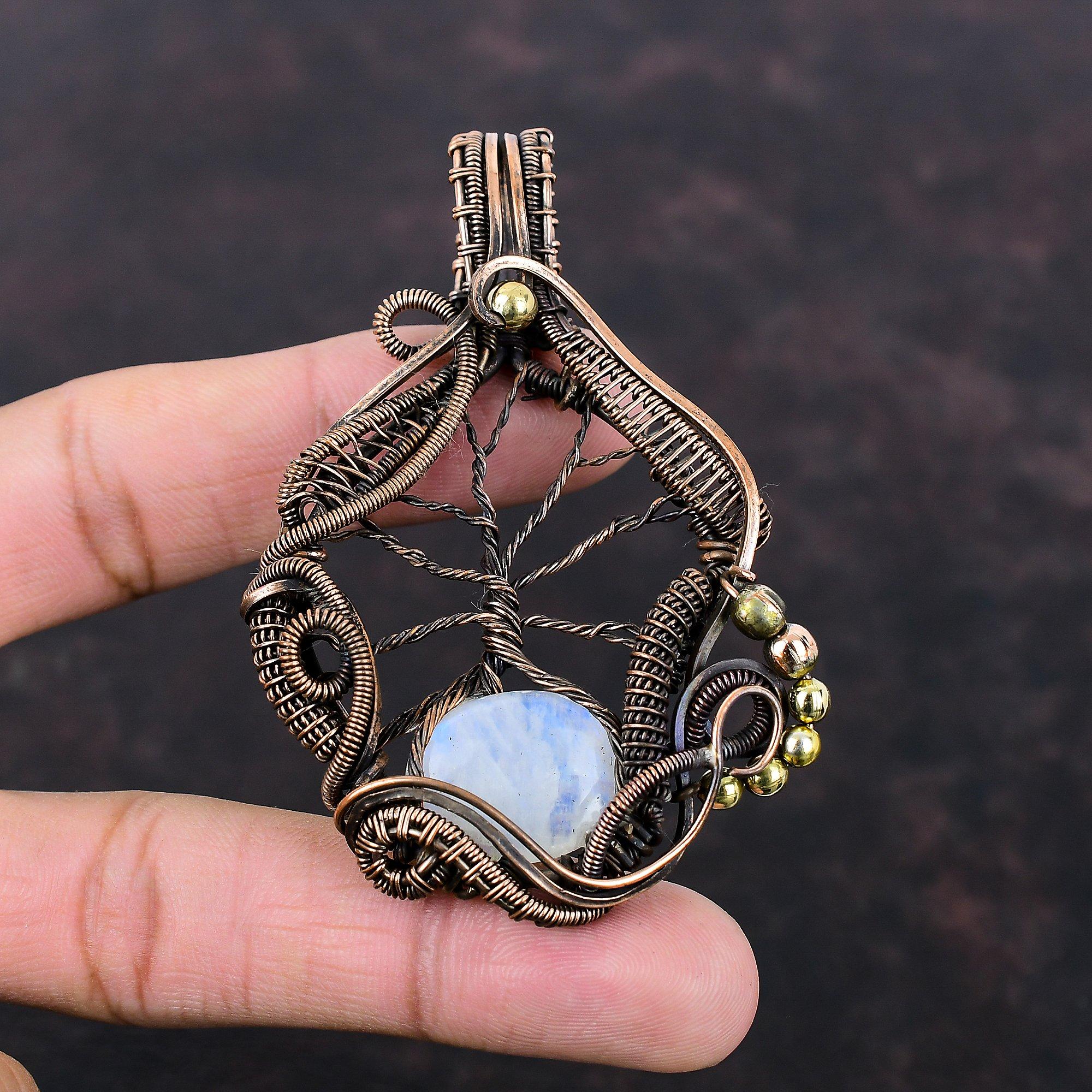 Baum des Lebens Regenbogenmondstein Anhänger Kupferdraht umwickelter Edelsteinanhänger Handgefertigter Schmuck Jubiläumsgeschenk für Mama Antiker Kupferschmuck