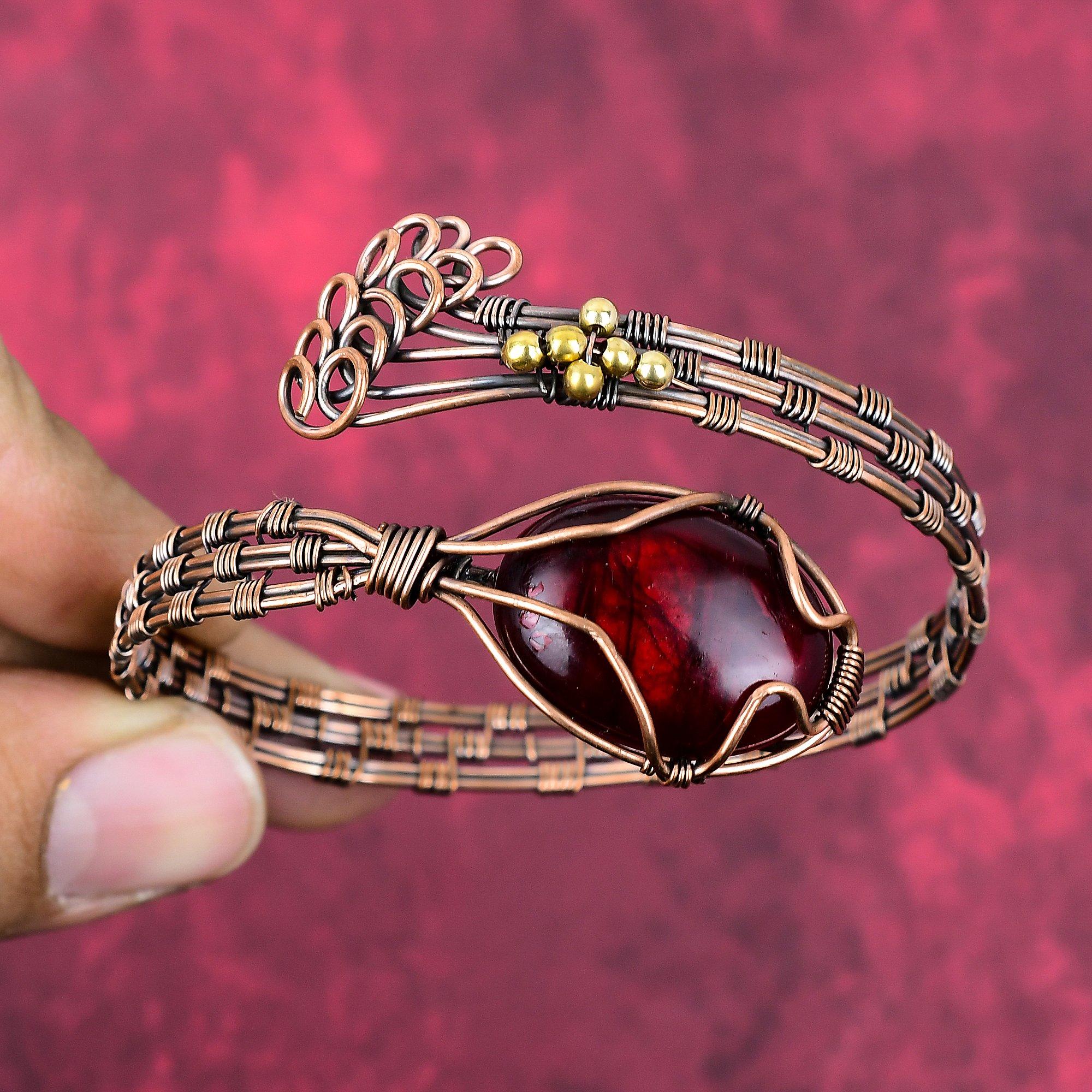 Red Fire Labradorite Cuff Bracelet Copper Wire Wrapped Bangle Gemstone Jewelry Adjustable Bracelet Handmade Bangle Copper Jewelry for Gifts