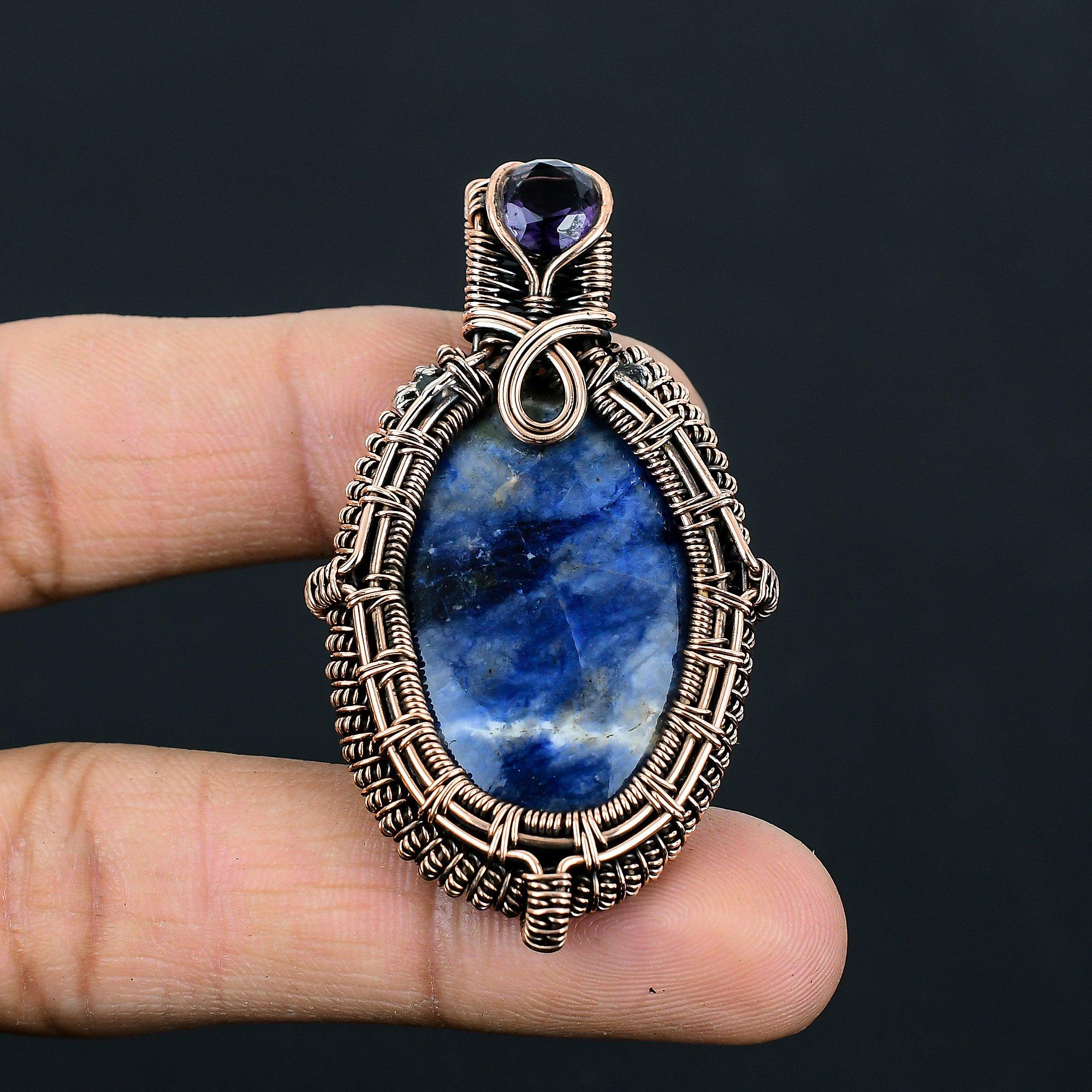 Beautiful Sodalite & Amethyst Gemstone Handmade Pure Copper Wire Wrapped Pendant Jewelry