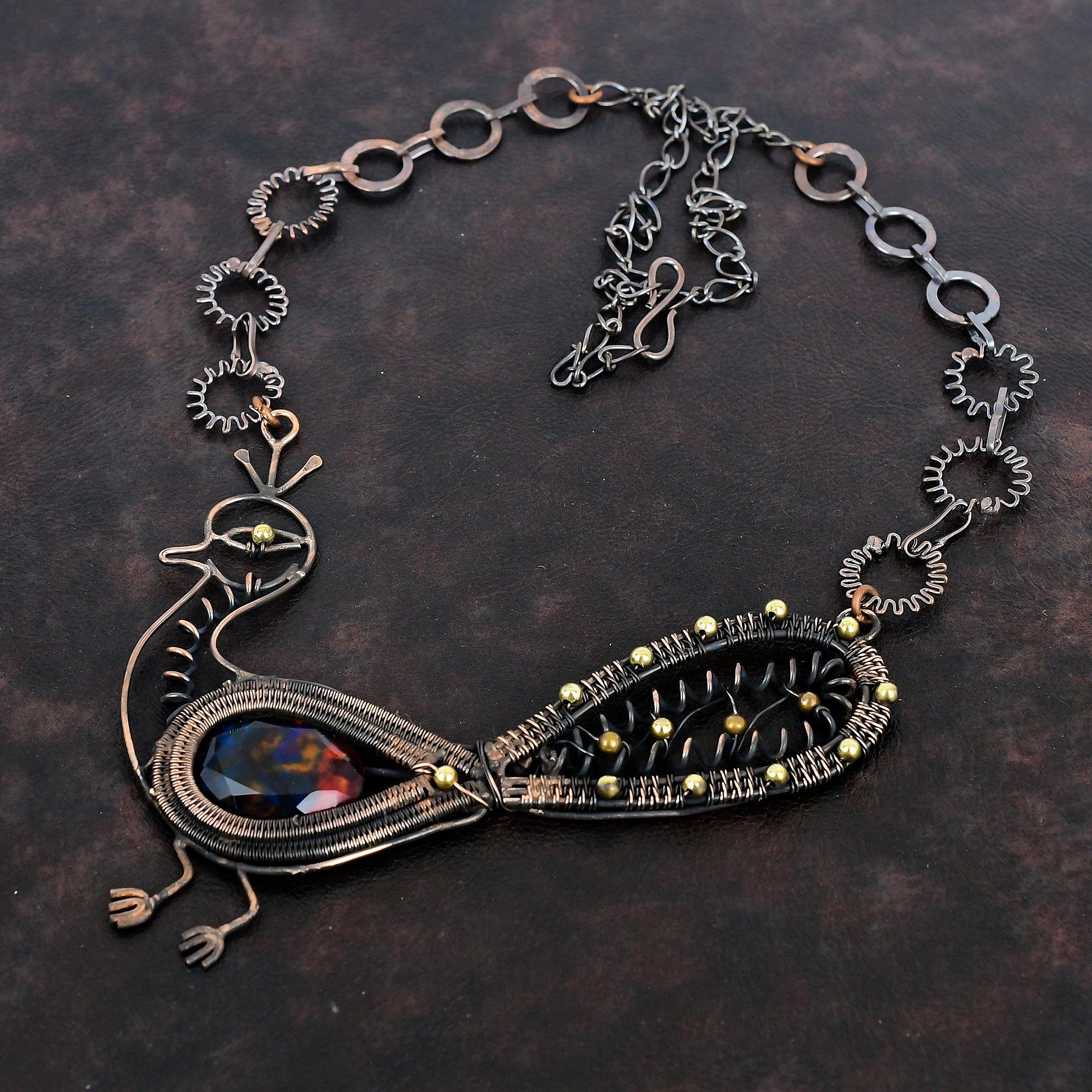 Faceted Ammolite Gemstone Necklace Copper Wire Wrapped Peacock Necklace Copper Jewelry Adjustable Chain Necklace Handmade Jewelry For Gifts