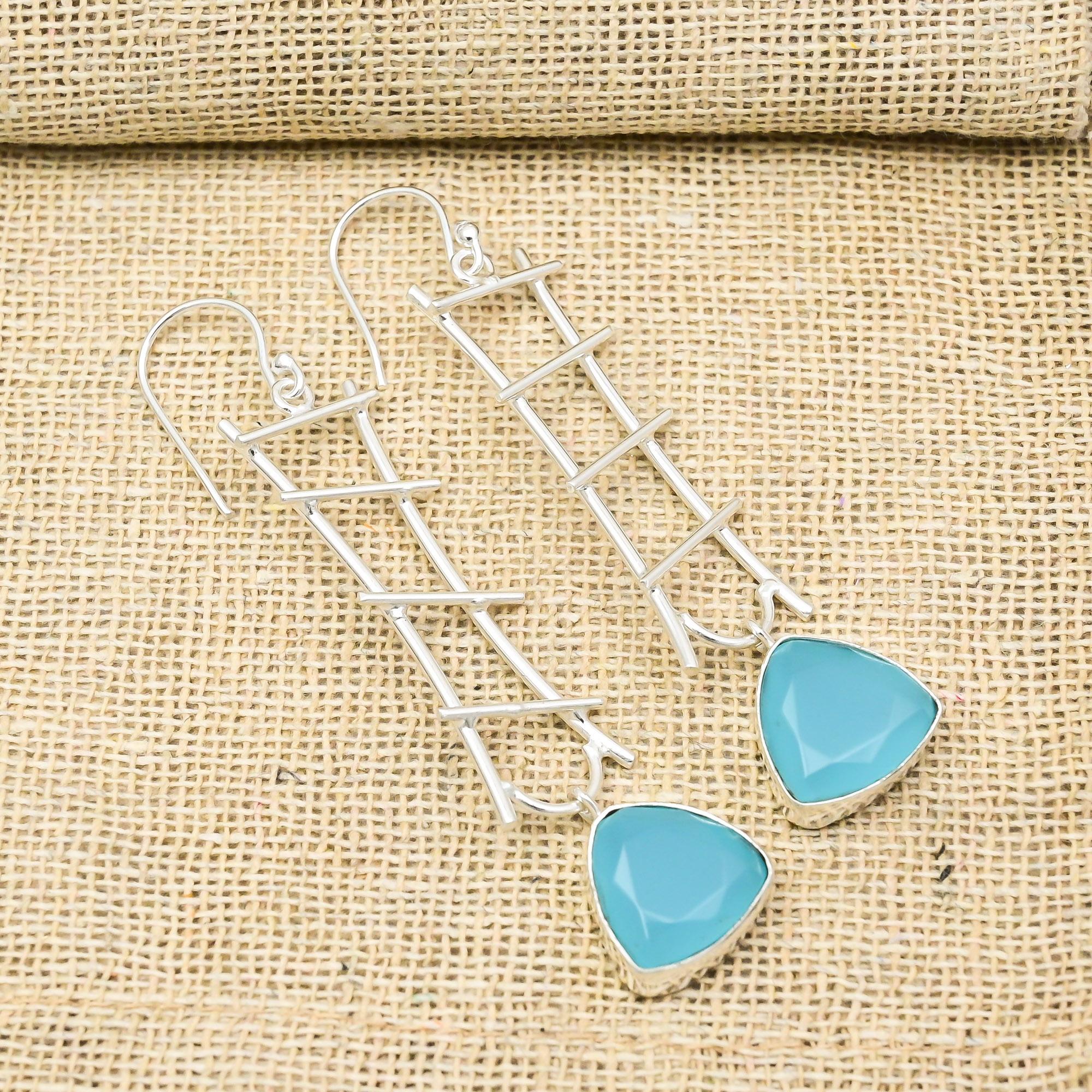 Blue Chalcedony 925 Solid Sterling Silver Earrings, Handmade Gemstone Earrings Jewelry, Gifts For Wife Brand New Earrings