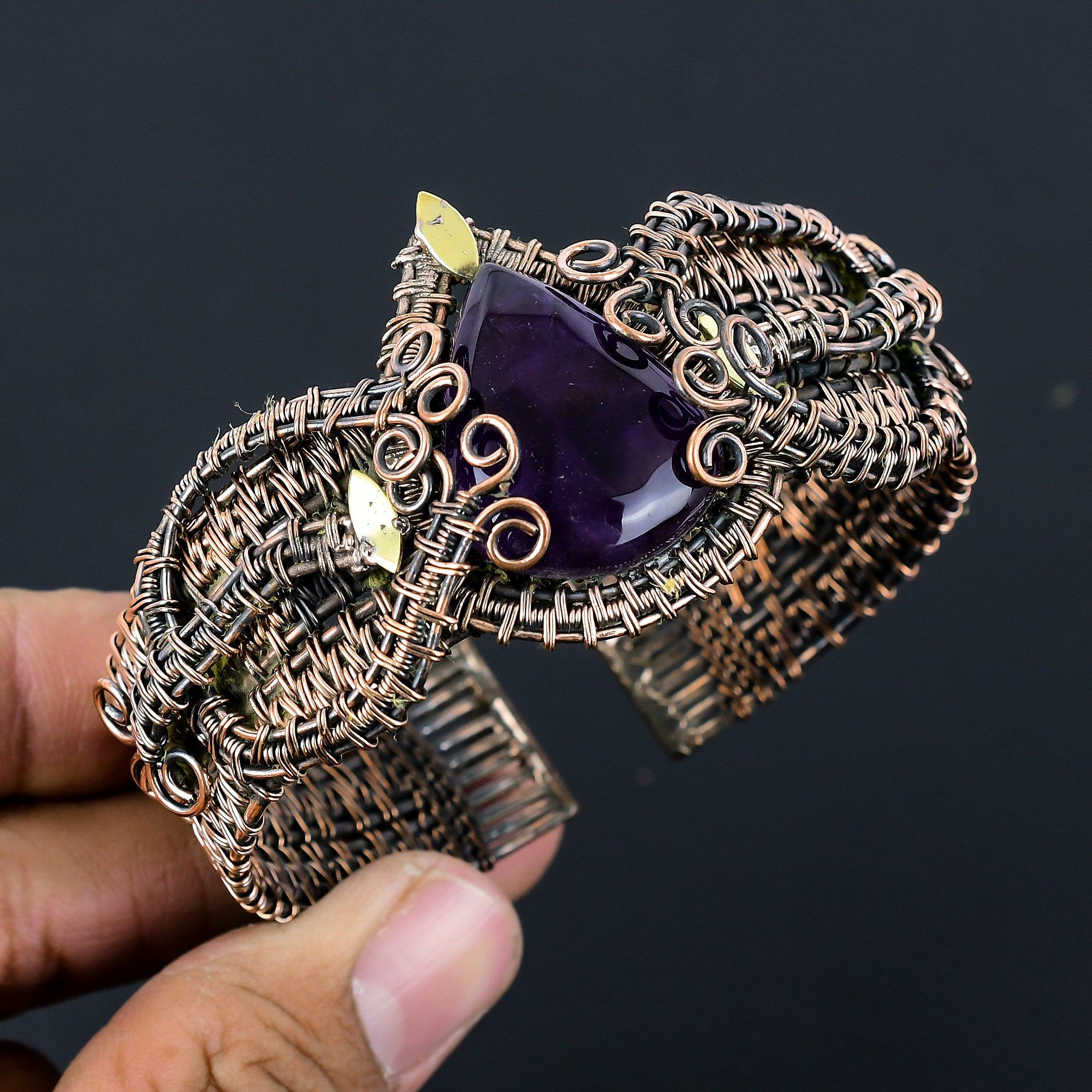 Ametist Ädelsten Handgjord Koppartråd Wrap Smycken Justerbart Armband för Hennes