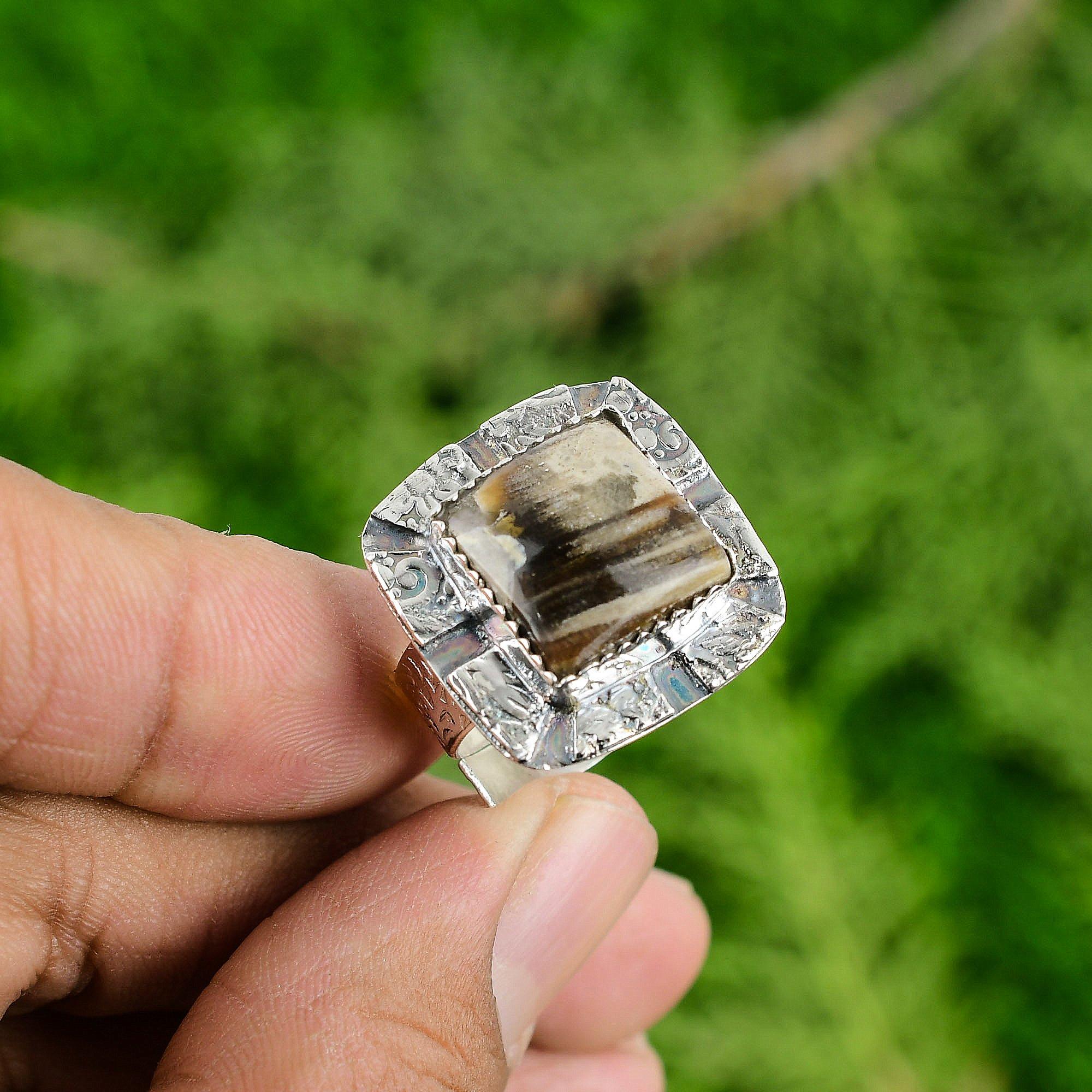 925 Sterling Silver Peanut Wood Jasper Stone Wedding Solitaire Bezel Sister Ring