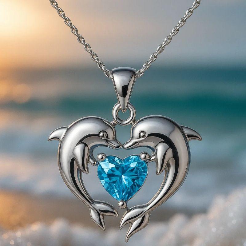 Delfin med Blått Hjärta Kristall Hänge Halsband Dam Brud Bröllop Nyckelbenskedja Gåva Statement Smycke Accessoar