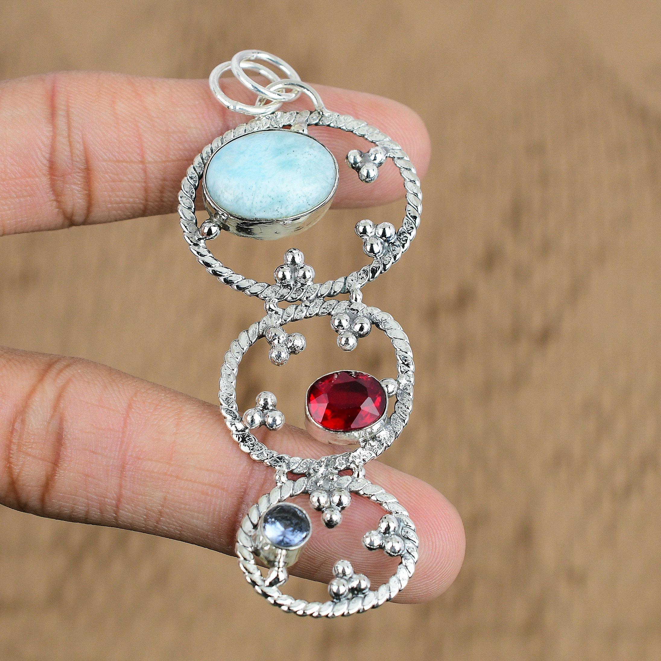 Mothers day Sale Oval Natural Larimar Mozambique Garnet New Pendant 925 Silver