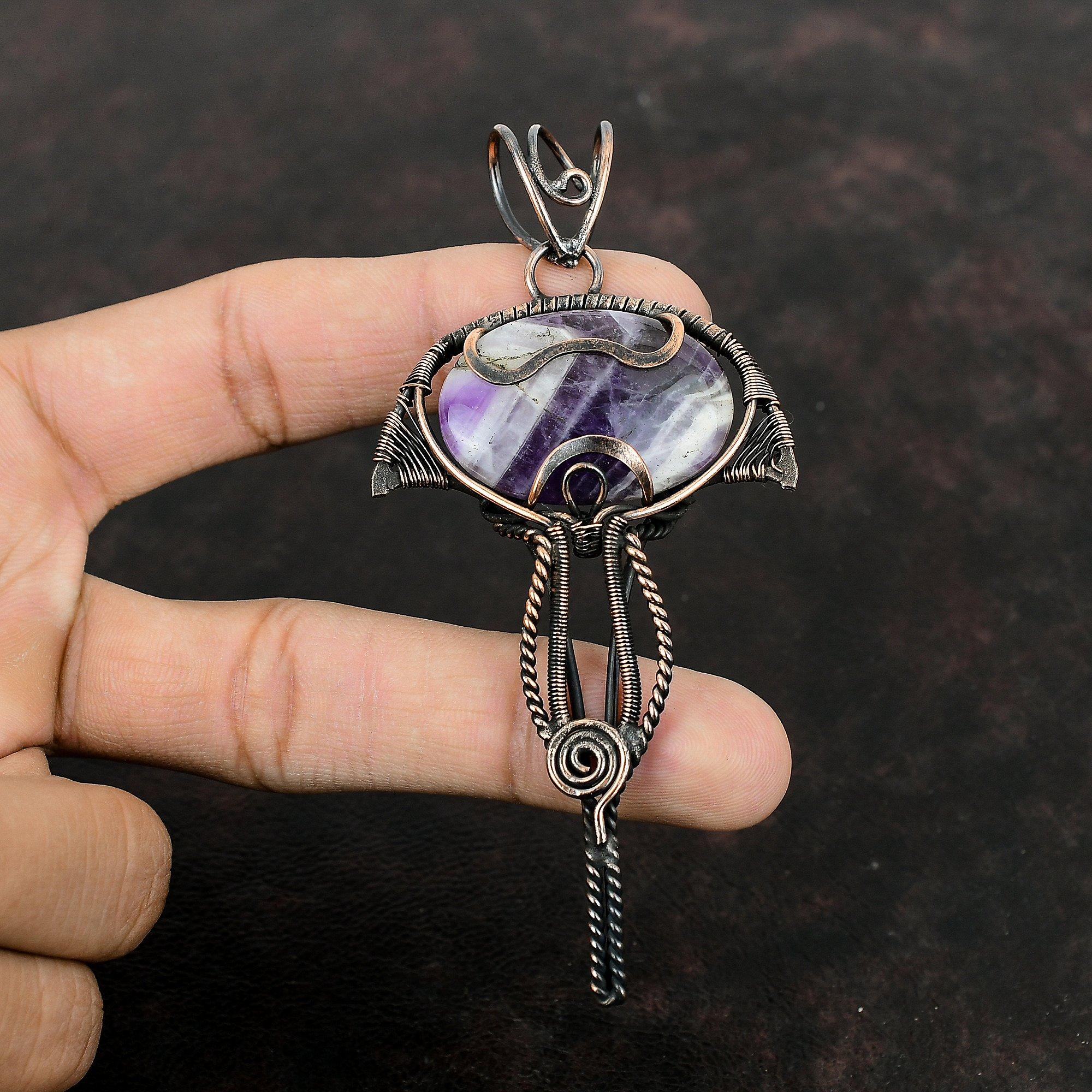 Chevron Amethyst Pendant Copper Wire Wrapped Pendant Gemstone Handmade Jewelry Women Pendant Designer Copper Jewelry Unique Pendant For Gift