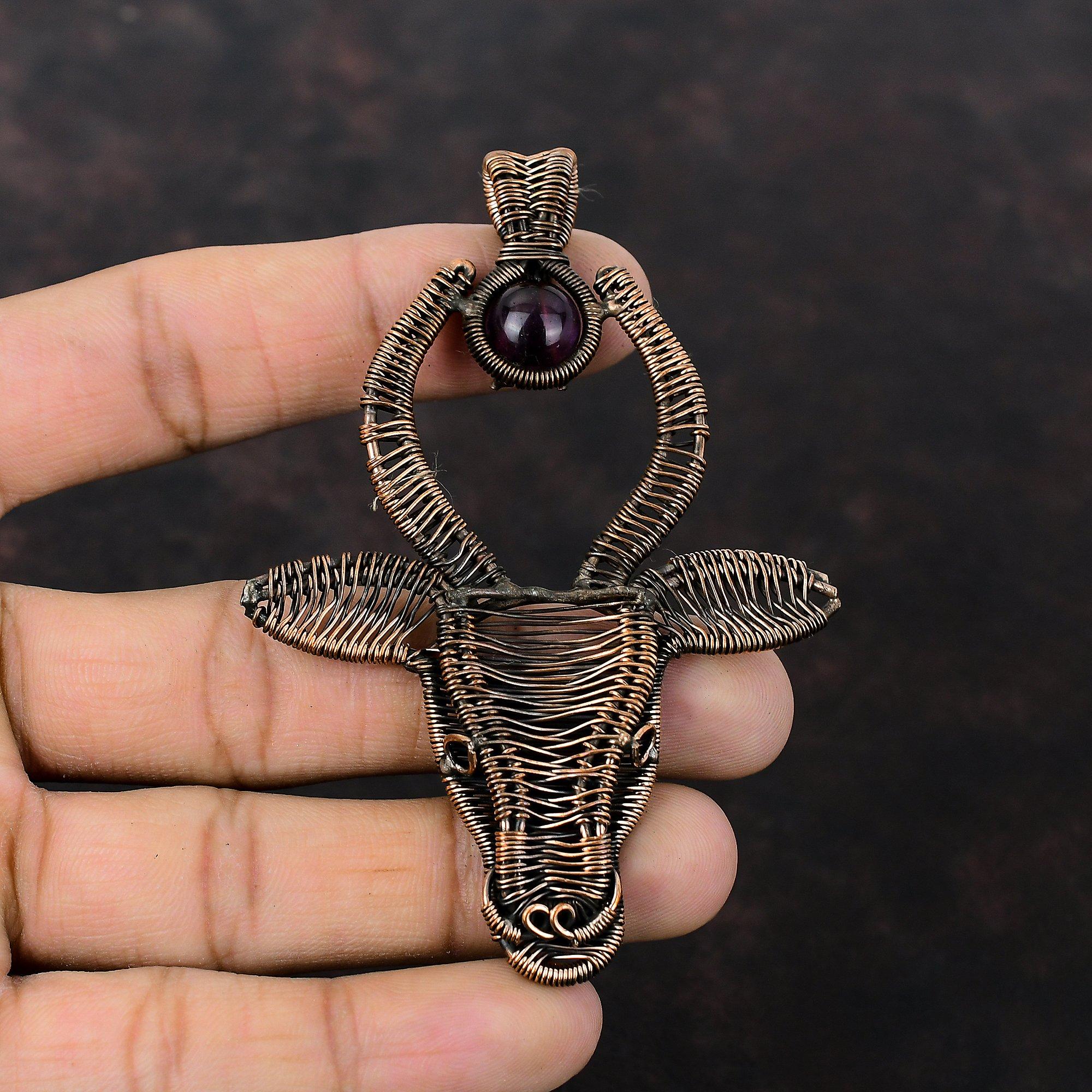 African Amethyst Pendant Copper Wire Wrapped Jewelry Bull Face Gemstone Pendant Copper Pendants Handmade Jewelry Wire Wrap Pendant For Gift