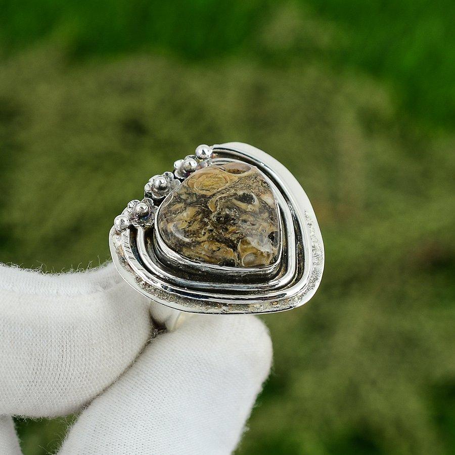 Natural Turritella Agate Gemstone 925 Silver Promise Adjustable Ring For Girls