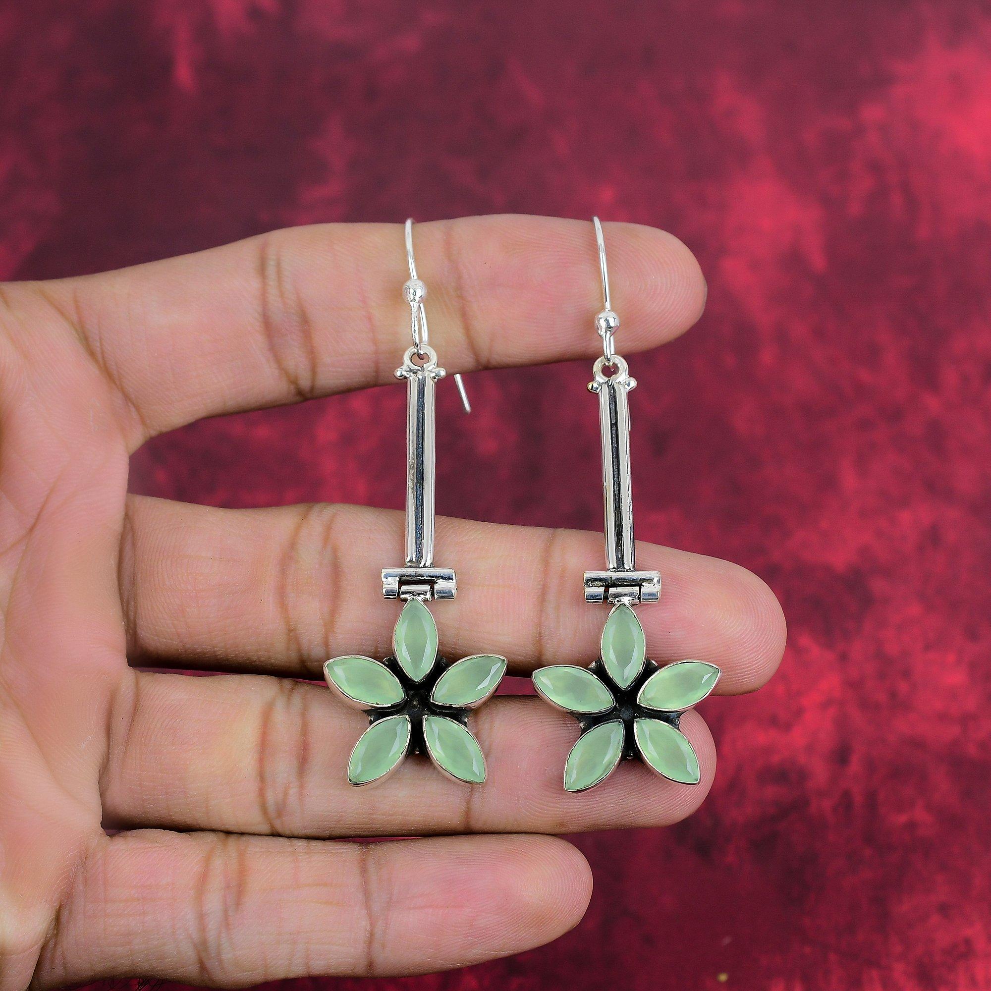 Aqua Chalcedon Edelstein 925 Massiv Sterling Silber, Handgefertigter Schmuck für Sie, Natürliche Aqua Chalcedon Ohrringe für Sie