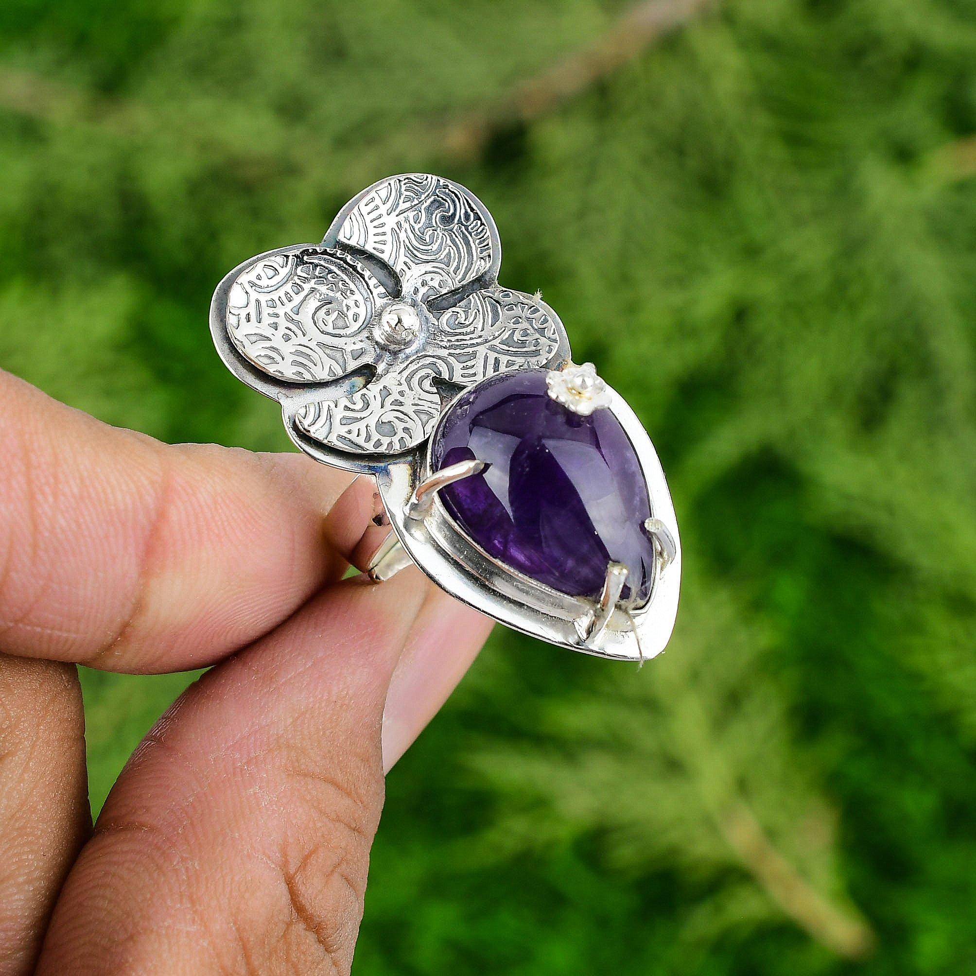Thanks Giving Day Deal African Amethyst Gemstone 925 Silver Flower Ring Jewelry