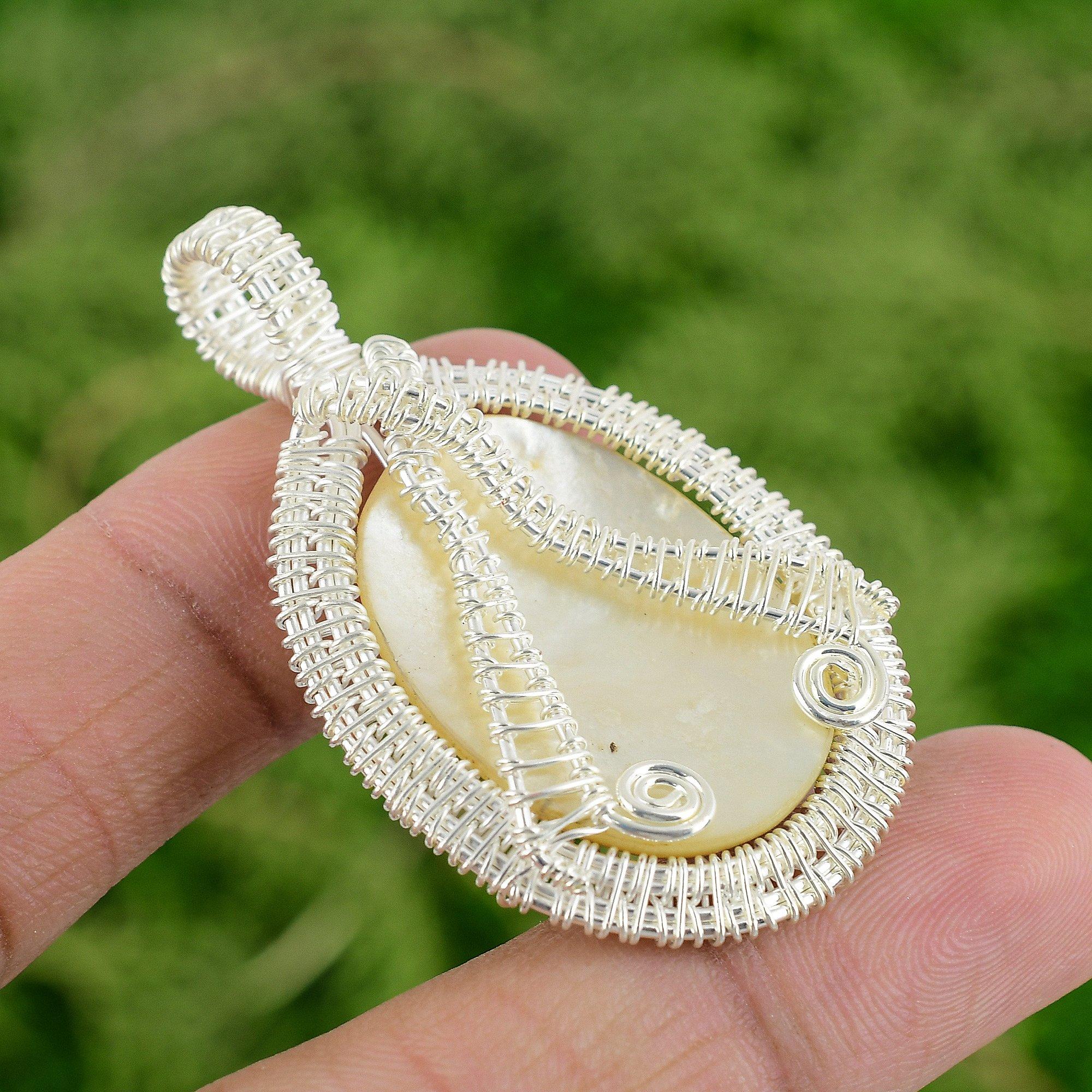Daughters Day Sale 925 Silver Mother Of Pearl Gemstone New Wire Wrapping Pendant
