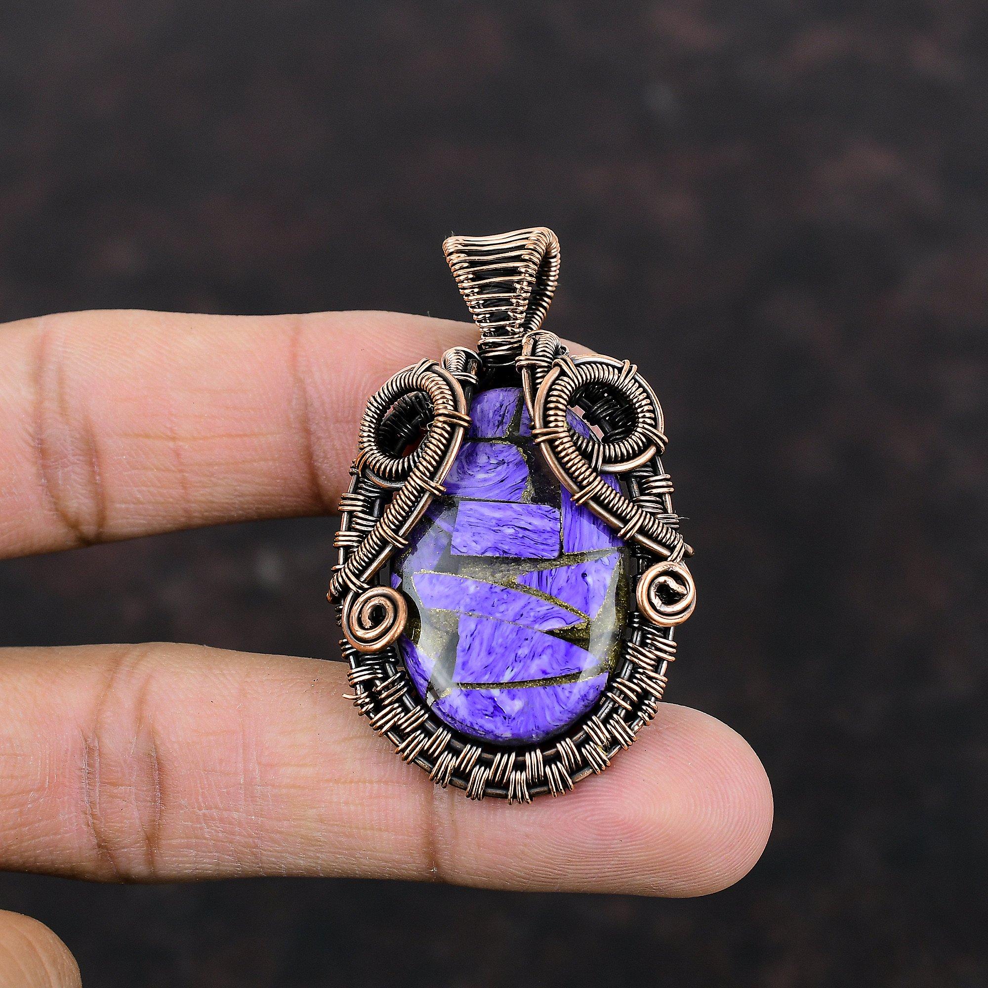 Copper Charoite Pendant Copper Wire Wrapped Pendant Gemstone Pendant Handmade Pendant Antique Copper Jewelry Gift For Her Brand New Pendant
