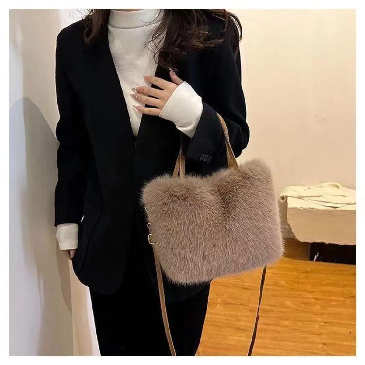 Autumn and Winter Bags, Fashionable Plush Bags, Women's Hand-held Buckets, Single Shoulder Crossbody Bags, Plush Bags
