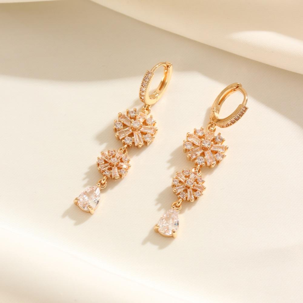 1 Pair Fashion Snowflake Zirconia Tassel Dangle Earrings for Women Golden Earring Jewelry Wedding Party Accessories