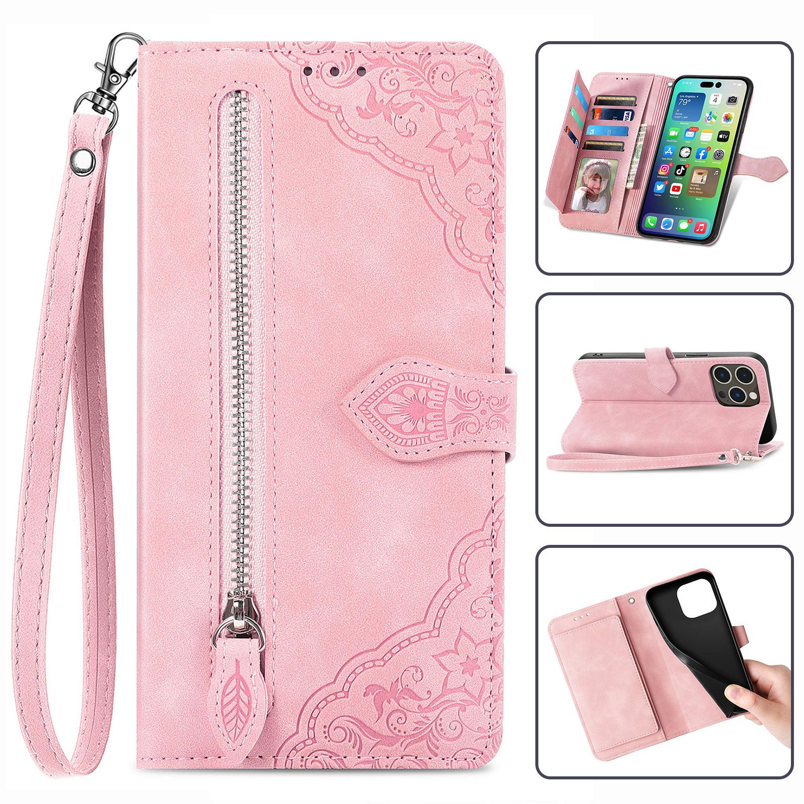 Zipper Wallet Flip Leather Phone Case for IPhone 17 Air 16 15 Samsung S25 S24, with Card Holder Wrist Strap Stand Embossed Shockproof Cover