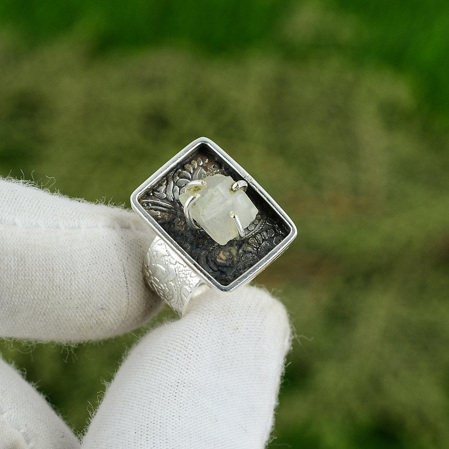 925 Silver Natural Rainbow Moonstone Rough Multi Stone Adjustable Ring