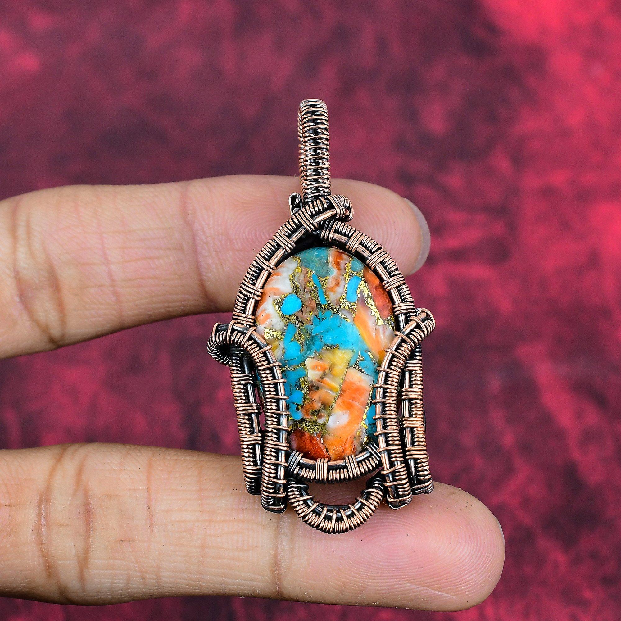Spiny Oyster Copper Turquoise Pendant Copper Wire Wrapped Gemstone Pendant Handmade Birthstone Pendant Copper Wire Jewelry Gifts for Friend