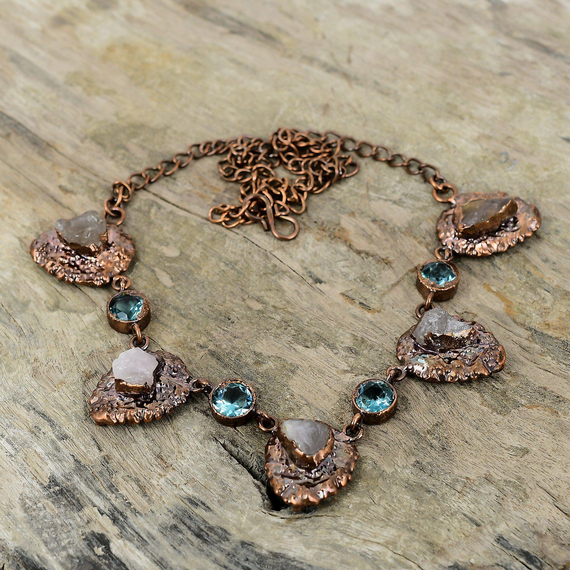 Rose Quartz Rough Necklace Electroformed Copper Necklace Handmade Adjustable Chain Necklace Swiss Blue Topaz Gemstone Jewelry Women Necklace