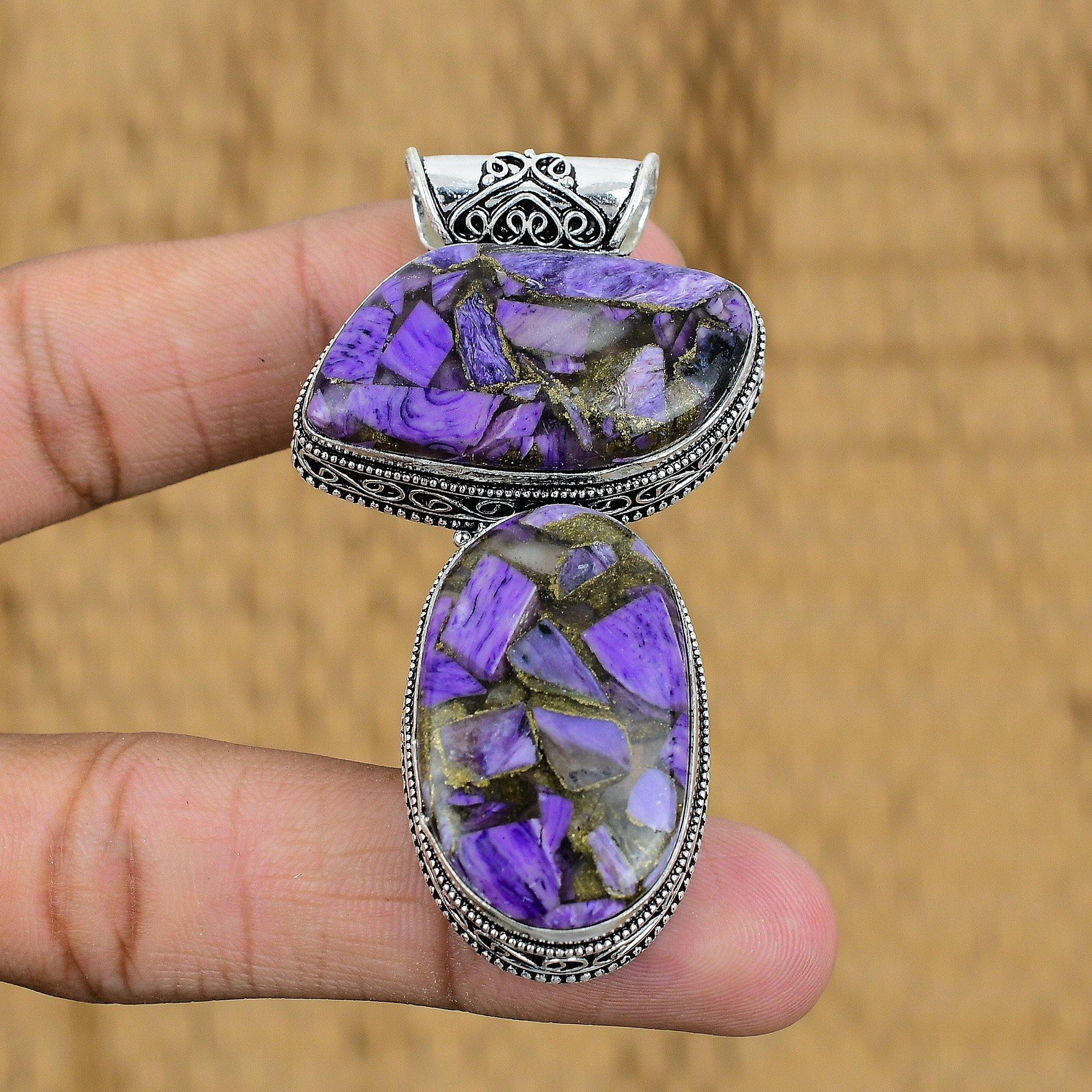 Easter Deal 925 Sterling Silver Copper Russian Charoite Gemstone Vintage Pendant