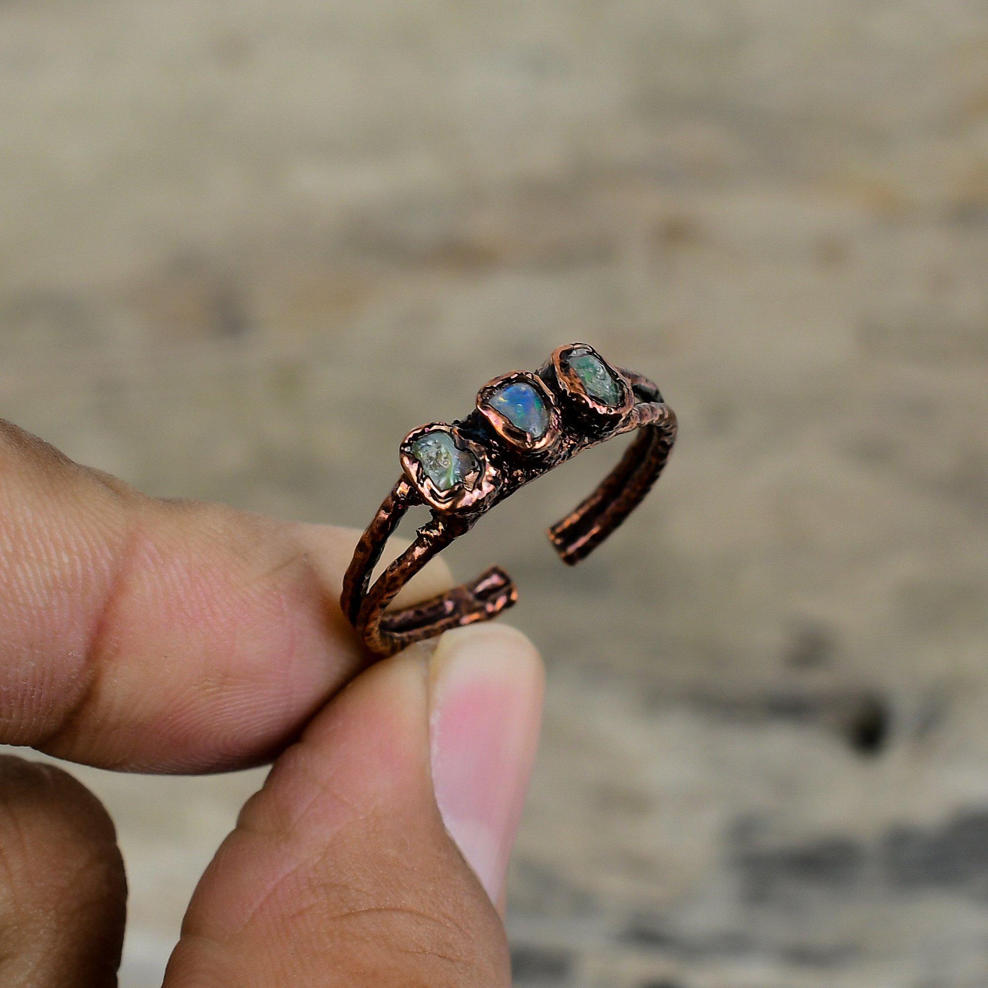 Ethiopian Opal Ring Electroformed Copper Ring Adjustable Ring Gemstone Copper Jewelry Handmade Designer Ring Electroformed Jewelry For Gifts