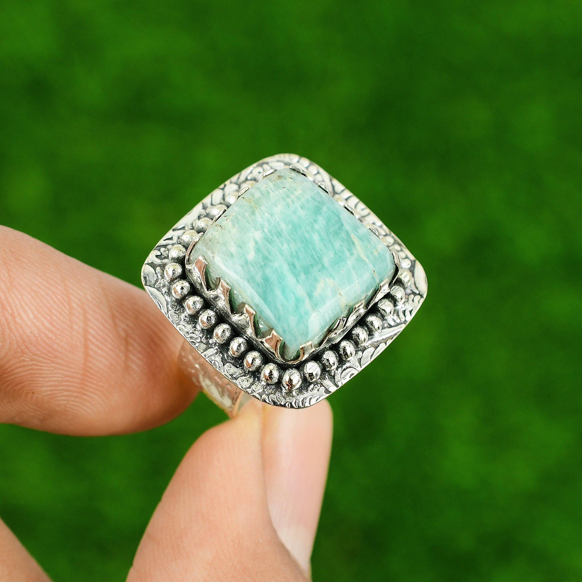 Sterling Silver Cushion Heart Chakra Amazonite Stone Sister Bezel Ring Size 7.75